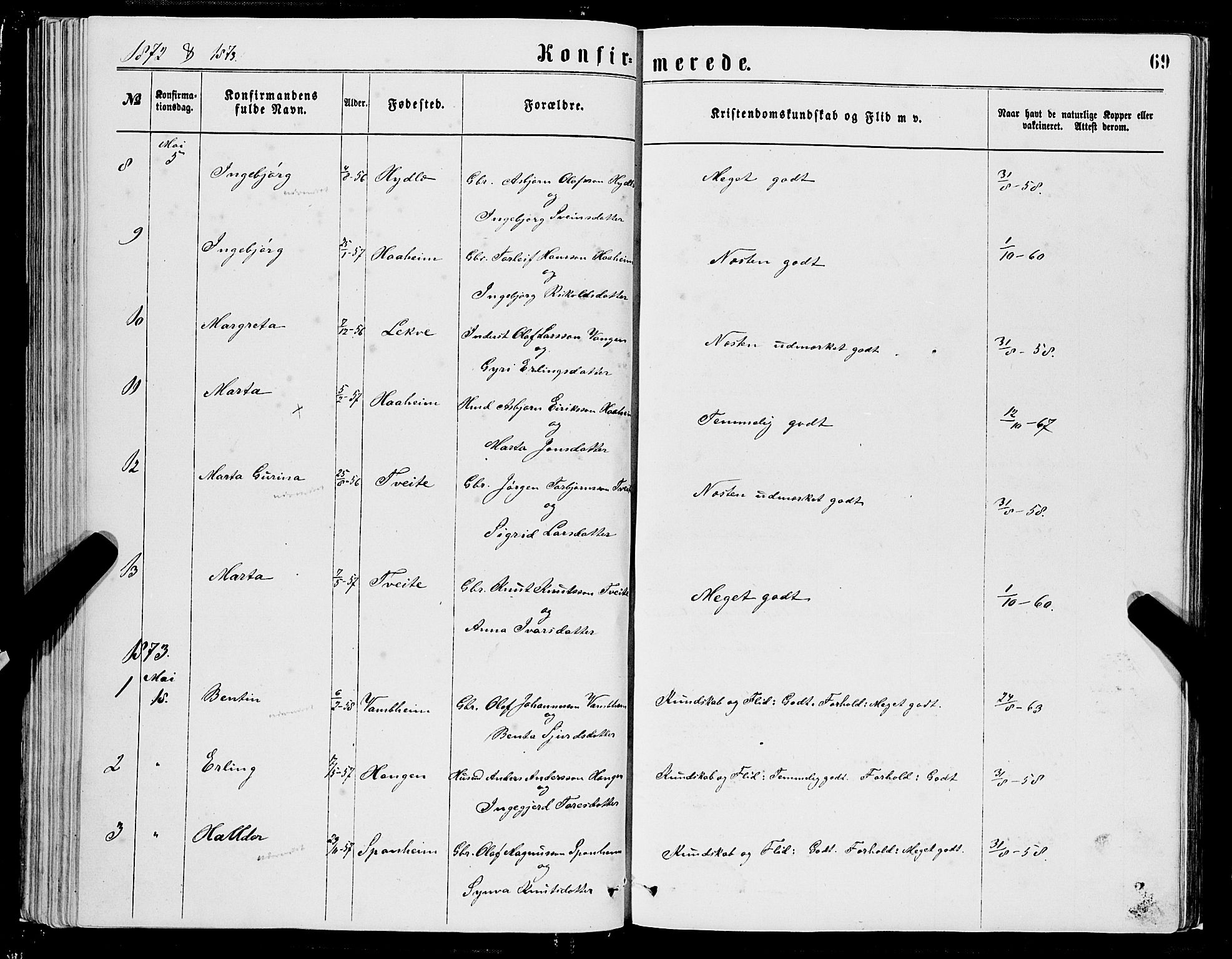 Ulvik sokneprestembete, SAB/A-78801/H/Hab: Parish register (copy) no. A 2, 1869-1882, p. 69