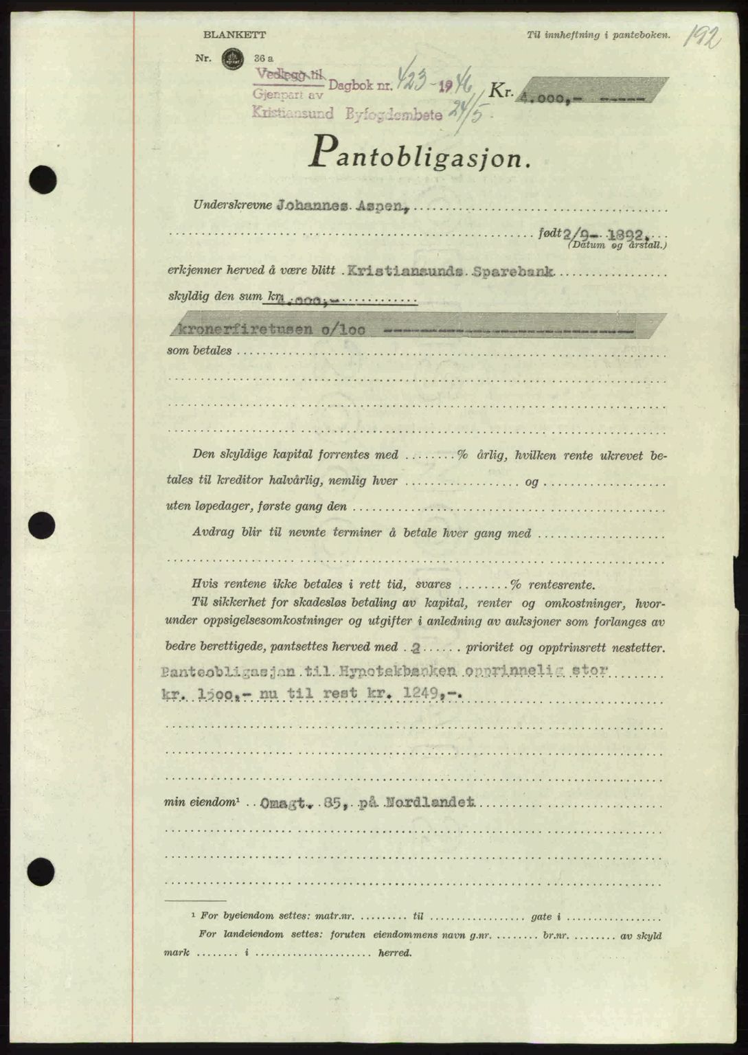 Kristiansund byfogd, AV/SAT-A-4587/A/27: Mortgage book no. 40, 1946-1946, Diary no: : 423/1946