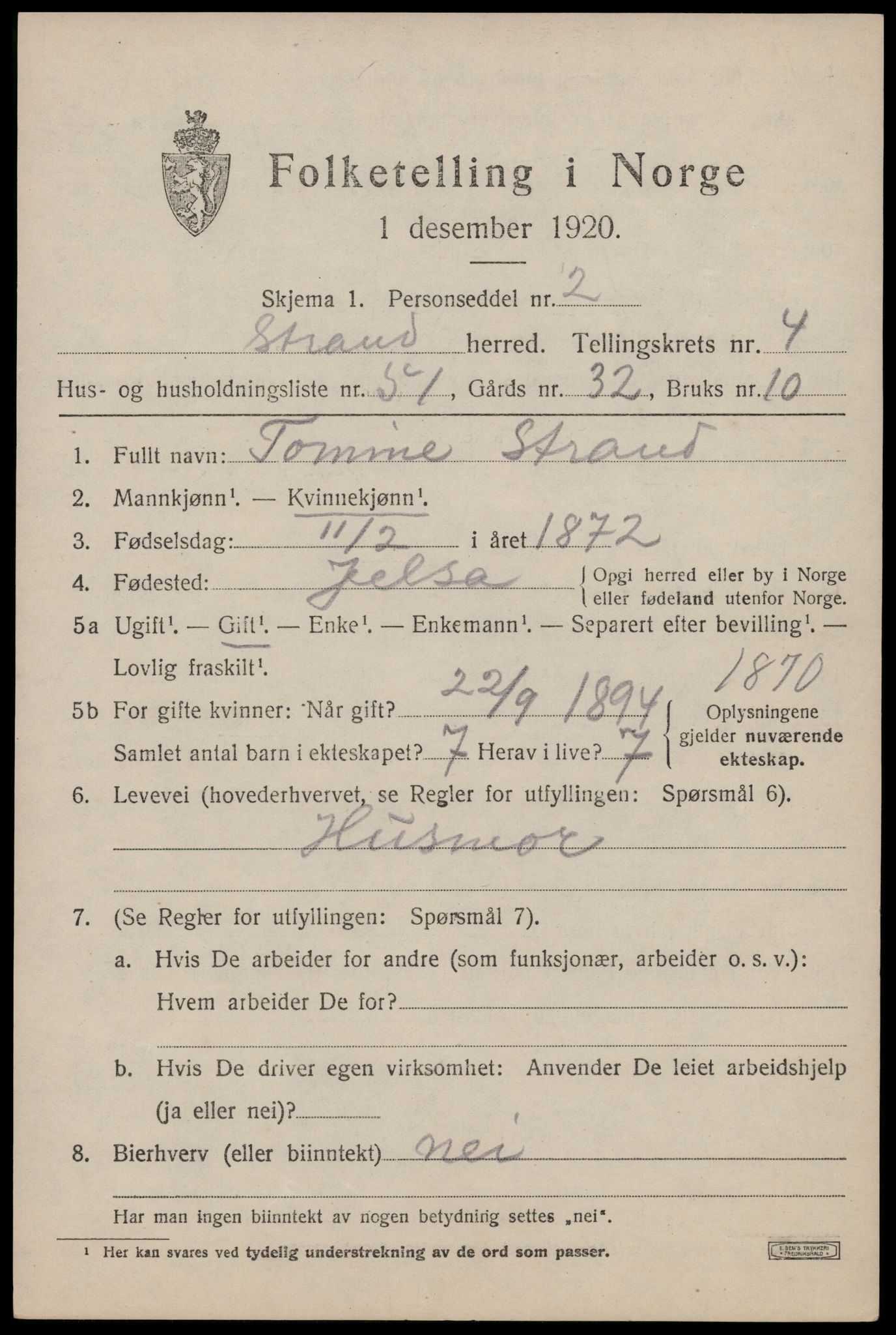 SAST, 1920 census for Strand, 1920, p. 3538