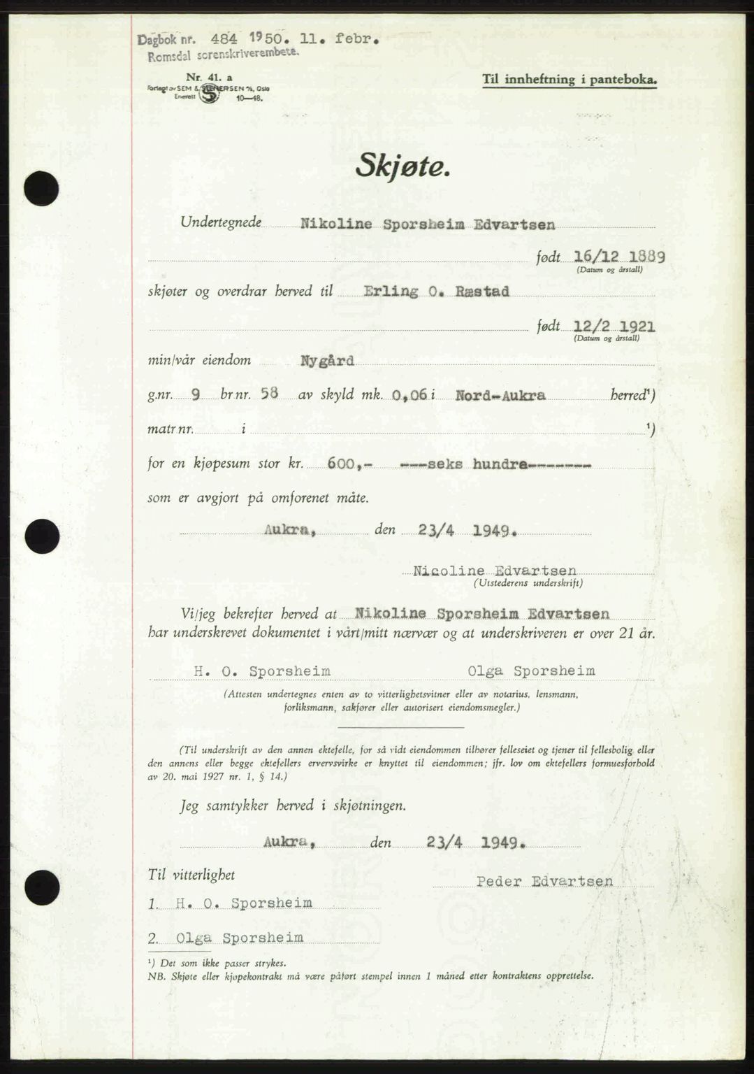 Romsdal sorenskriveri, AV/SAT-A-4149/1/2/2C: Mortgage book no. A32, 1950-1950, Diary no: : 484/1950