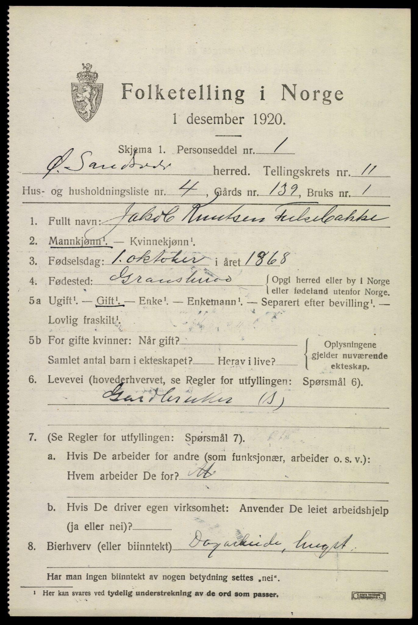 SAKO, 1920 census for Øvre Sandsvær, 1920, p. 5764