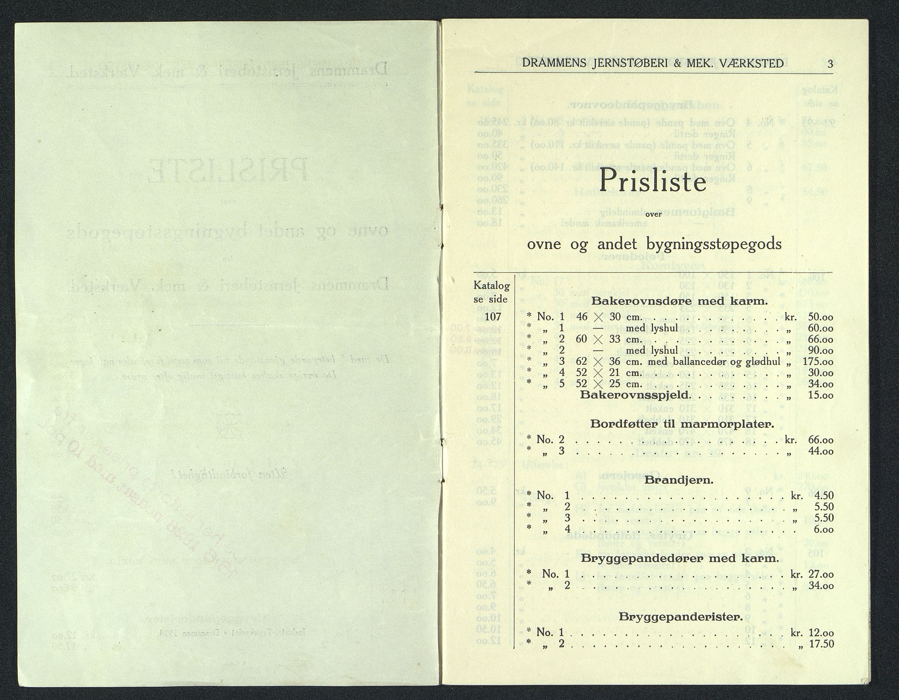 Næs Jernverksmuseets samling av historiske ovnskataloger, NESJ/NJM-006/01/L0039: Drammens Jernstøberi & mek. Værksted, Prisliste over ovne og andet bygningsstøpegods, 1926, 1926