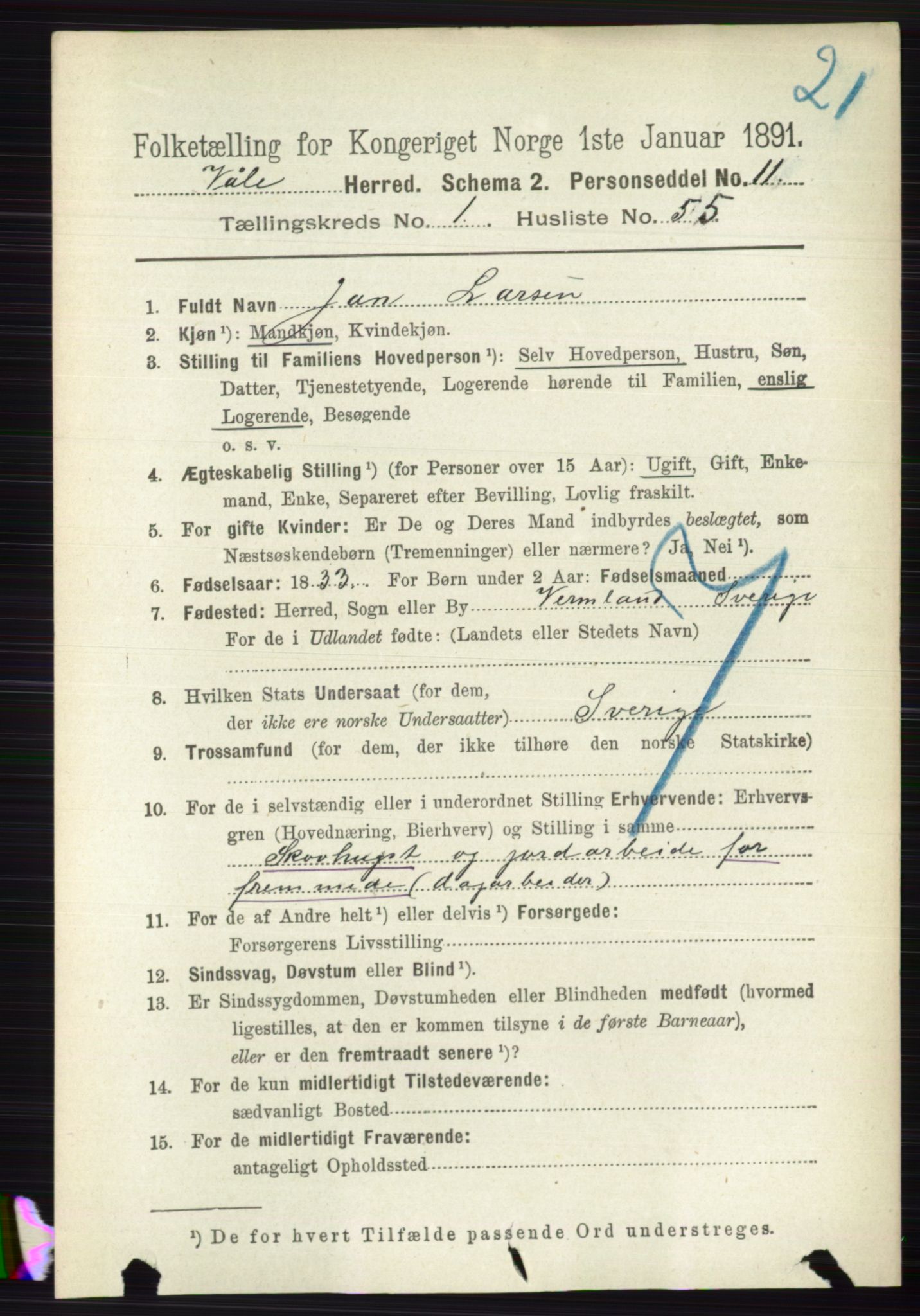 RA, 1891 census for 0716 Våle, 1891, p. 419