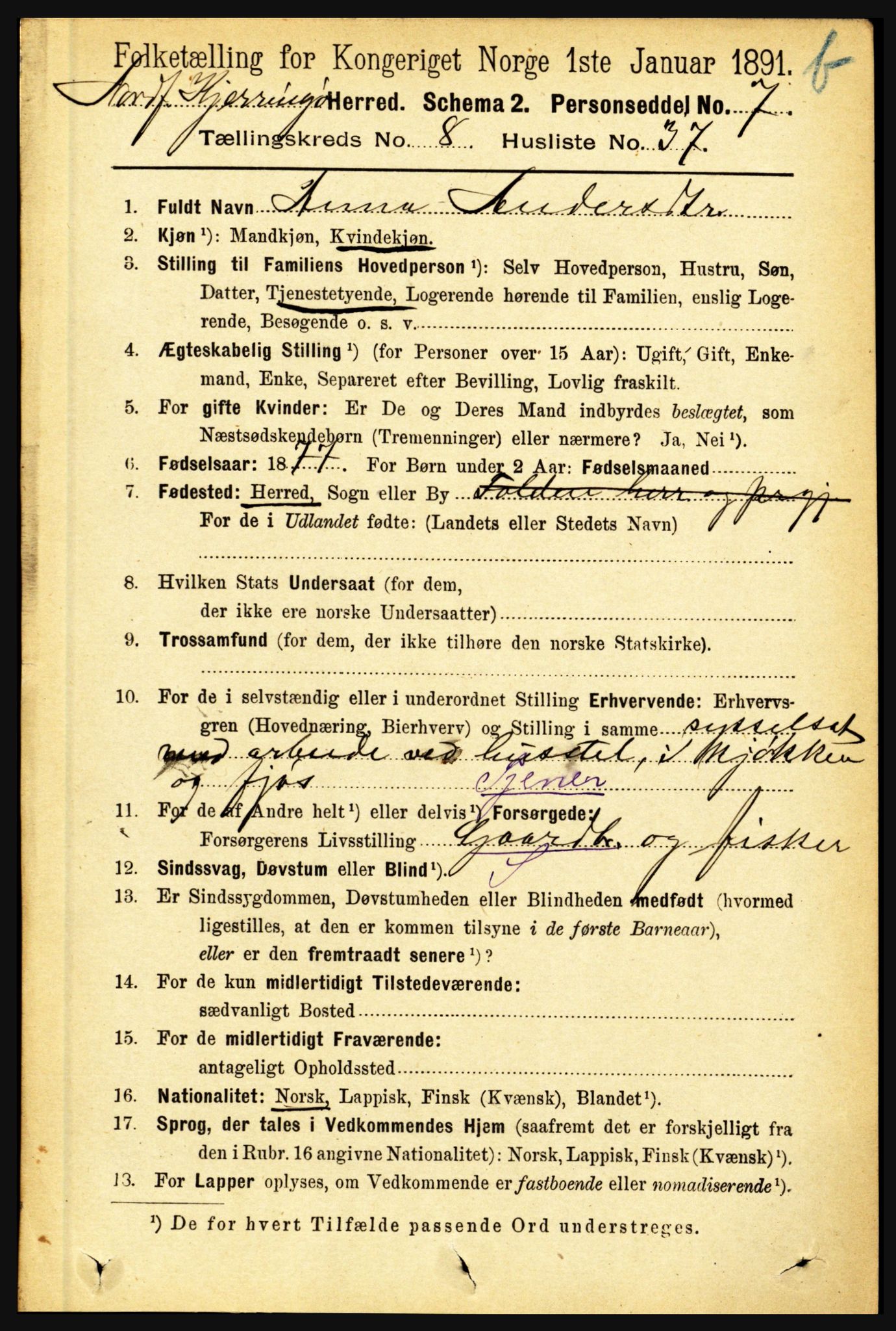 RA, 1891 census for 1846 Nordfold-Kjerringøy, 1891, p. 2179