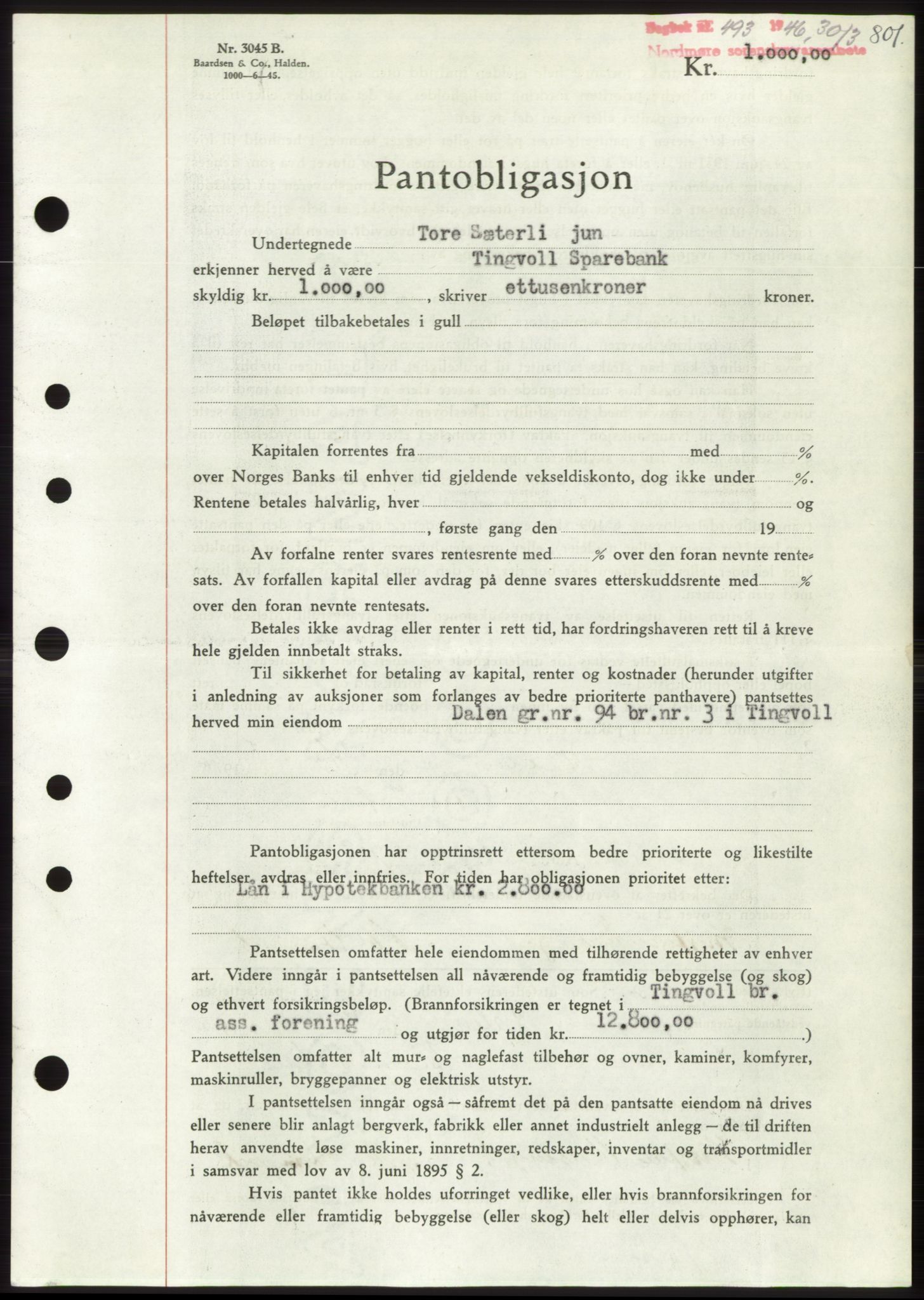 Nordmøre sorenskriveri, AV/SAT-A-4132/1/2/2Ca: Mortgage book no. B93b, 1946-1946, Diary no: : 493/1946