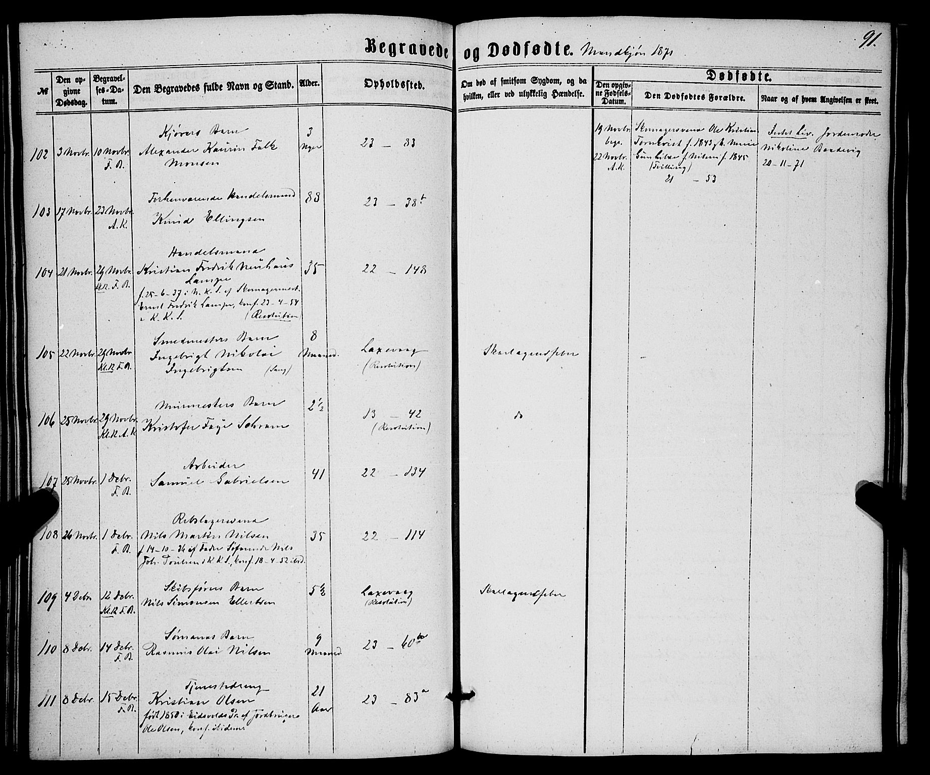 Korskirken sokneprestembete, SAB/A-76101/H/Haa/L0045: Parish register (official) no. E 3, 1863-1875, p. 91