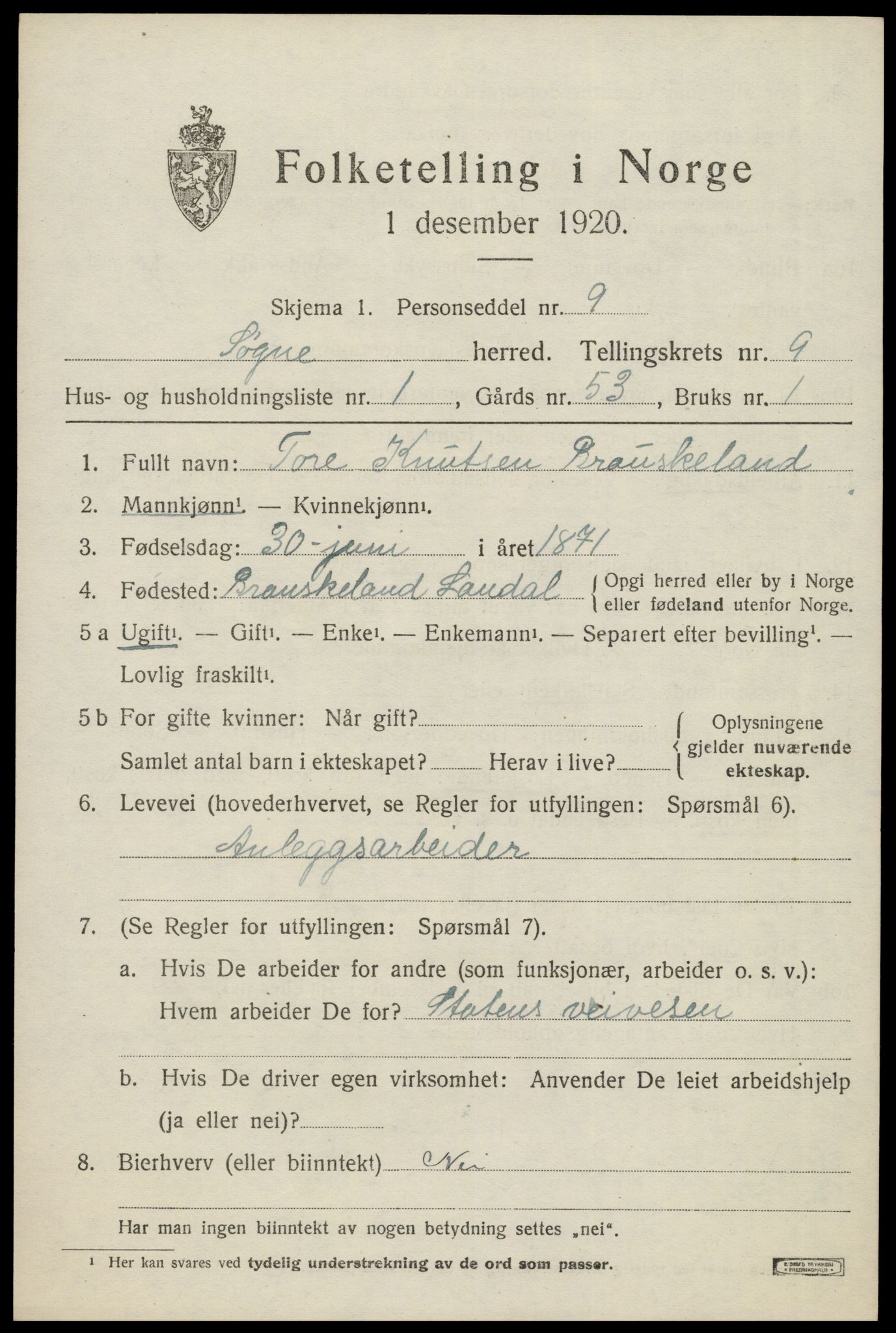 SAK, 1920 census for Søgne, 1920, p. 5307