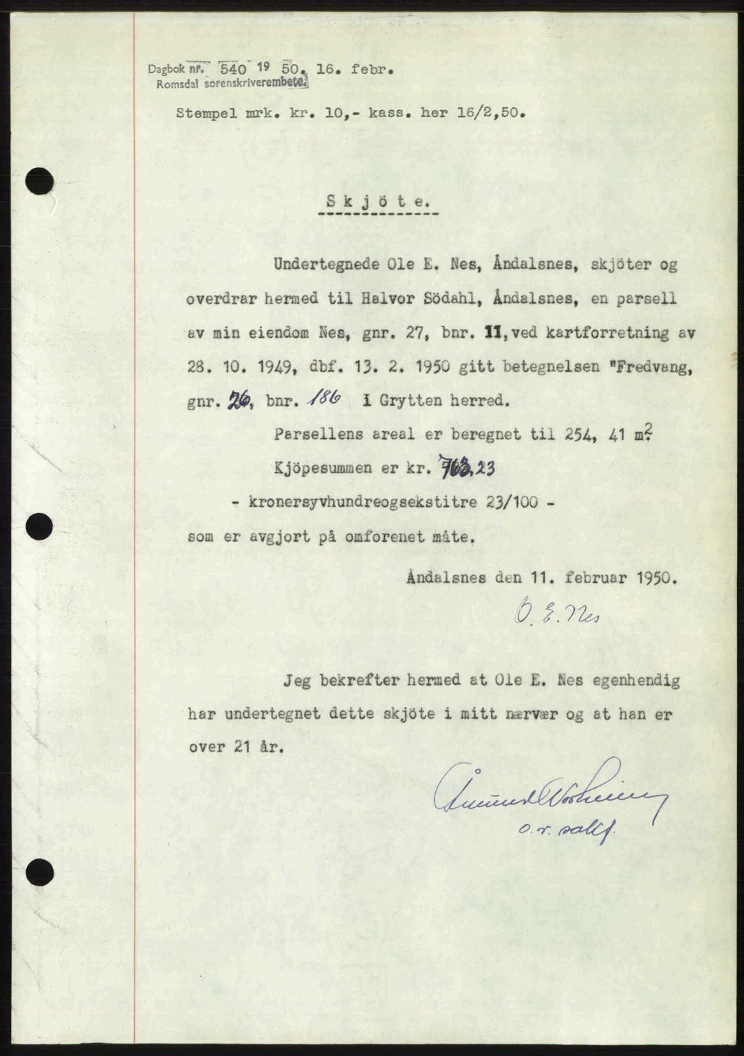 Romsdal sorenskriveri, AV/SAT-A-4149/1/2/2C: Mortgage book no. A32, 1950-1950, Diary no: : 540/1950