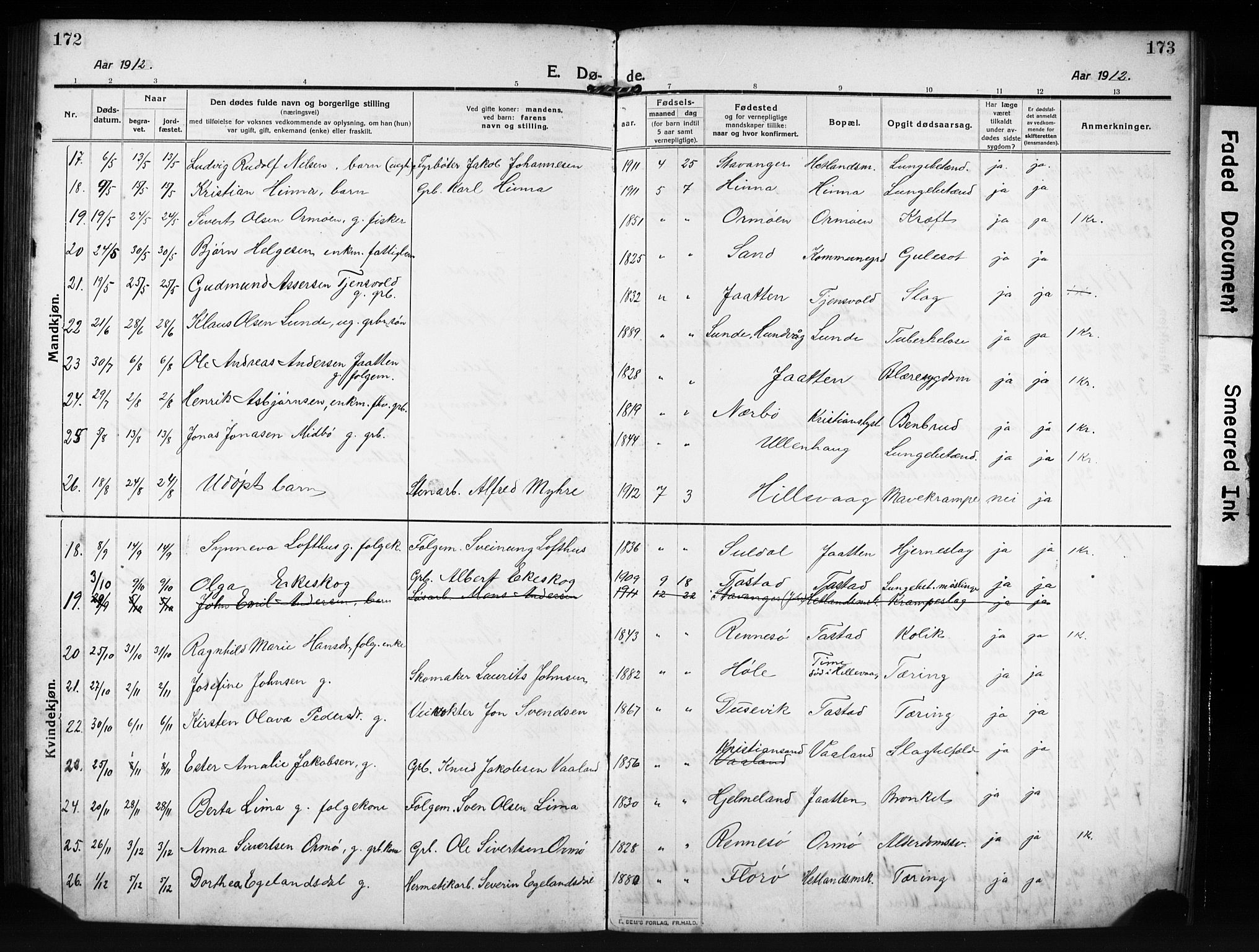 Hetland sokneprestkontor, AV/SAST-A-101826/30/30BB/L0009: Parish register (copy) no. B 9, 1910-1931, p. 172-173