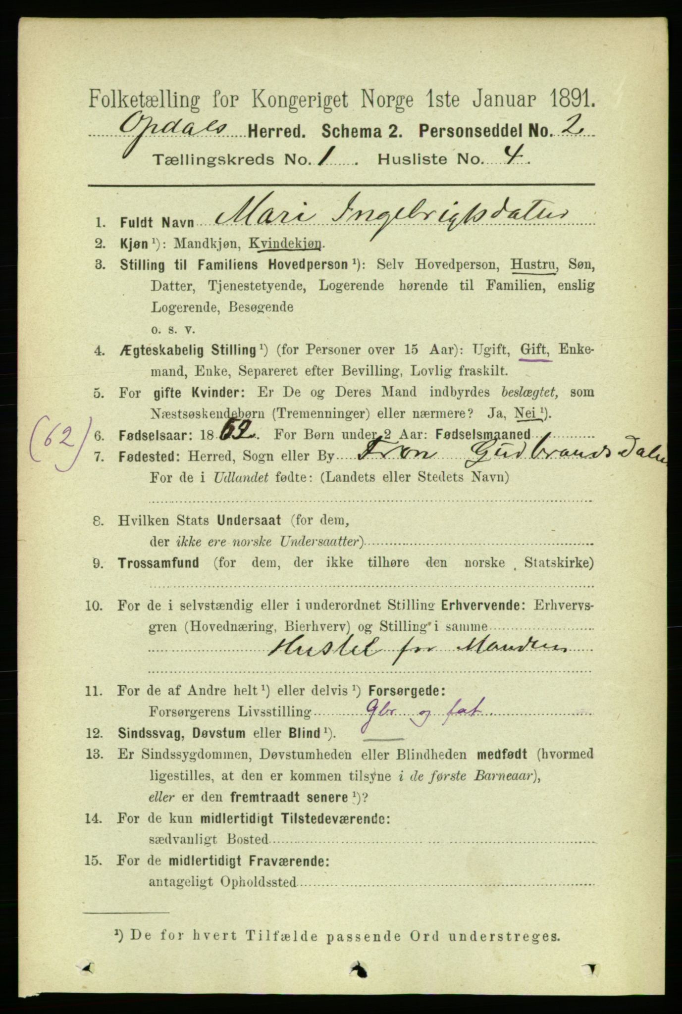 RA, 1891 census for 1634 Oppdal, 1891, p. 126