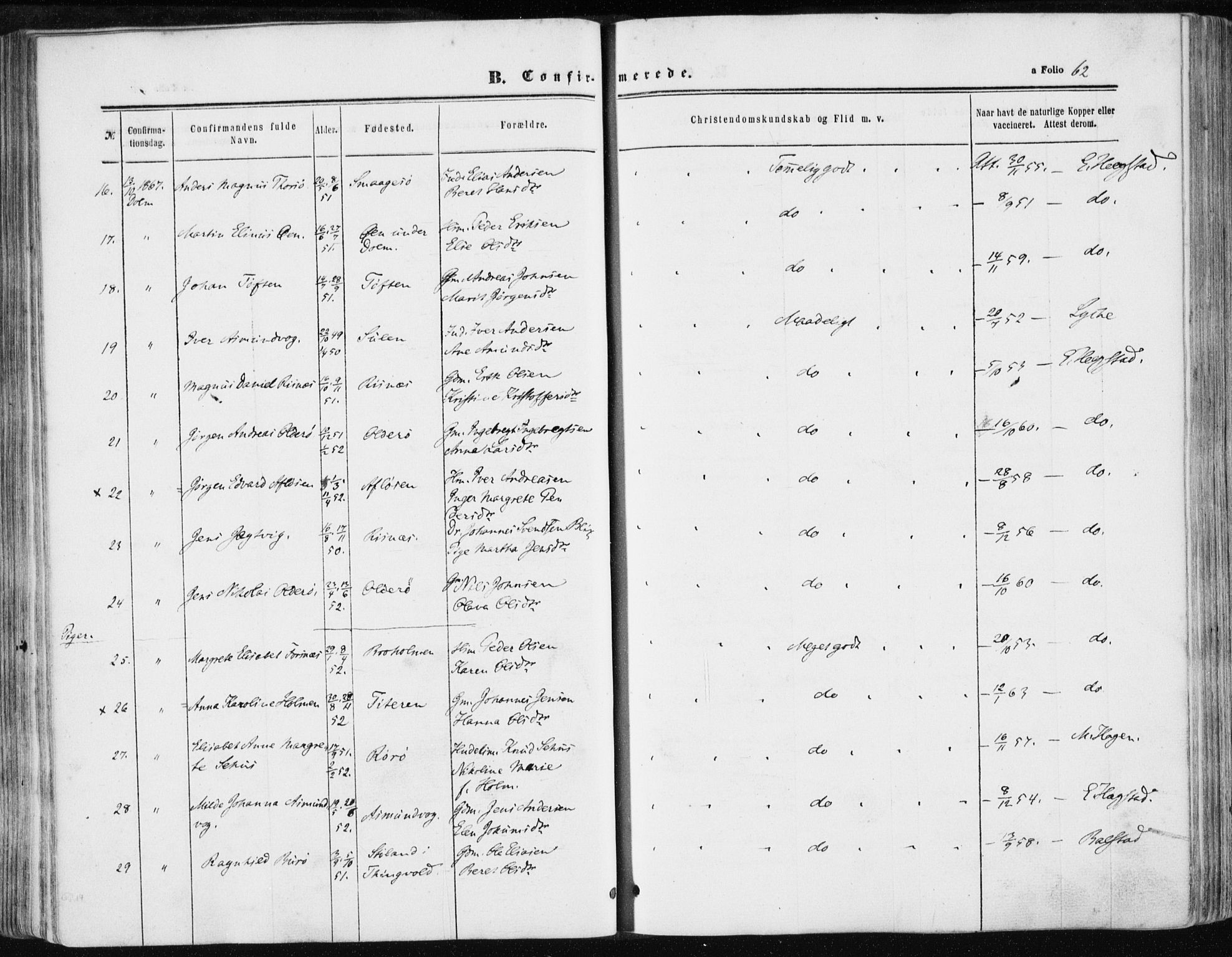 Ministerialprotokoller, klokkerbøker og fødselsregistre - Sør-Trøndelag, AV/SAT-A-1456/634/L0531: Parish register (official) no. 634A07, 1861-1870, p. 62