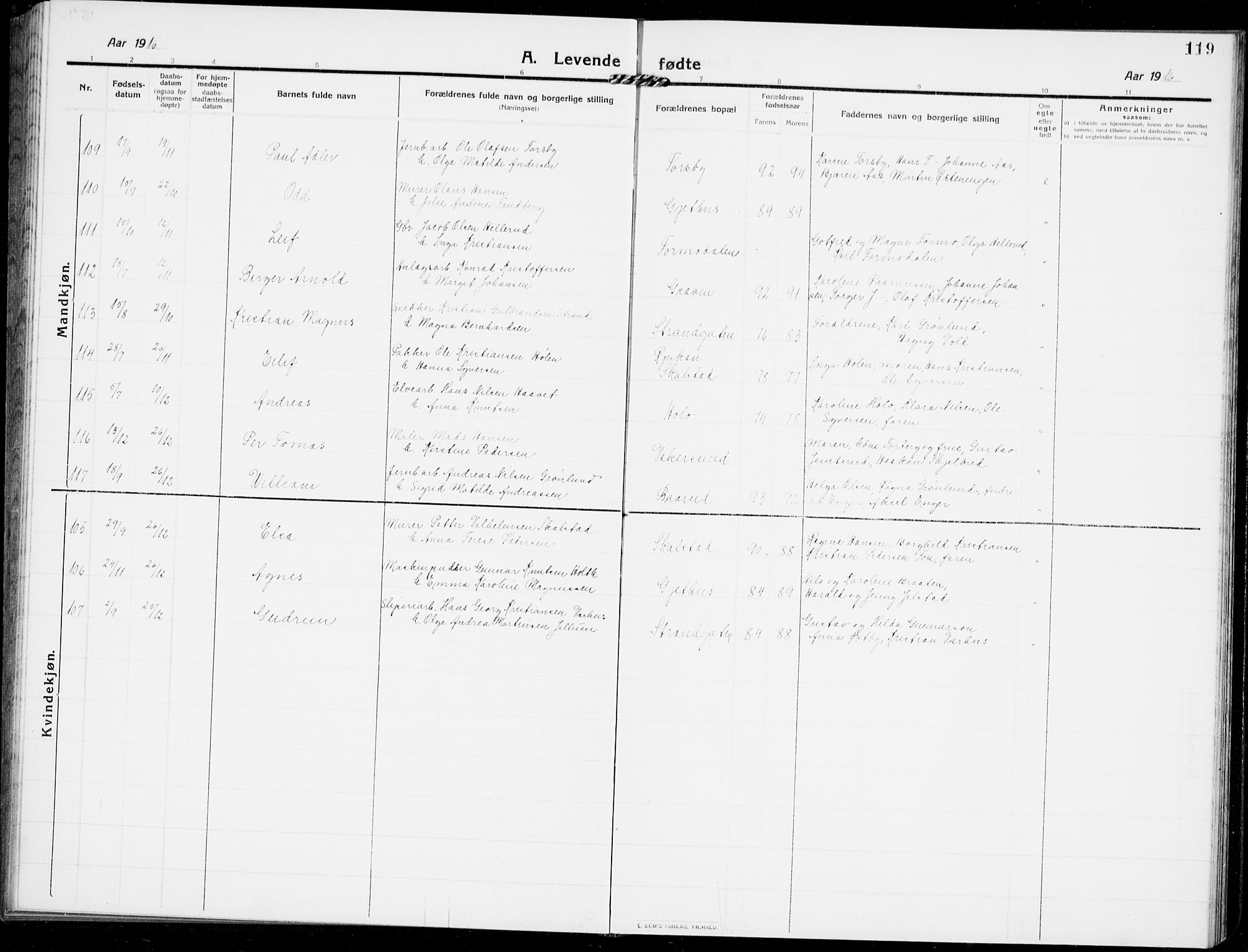 Modum kirkebøker, AV/SAKO-A-234/G/Ga/L0009: Parish register (copy) no. I 9, 1909-1923, p. 119