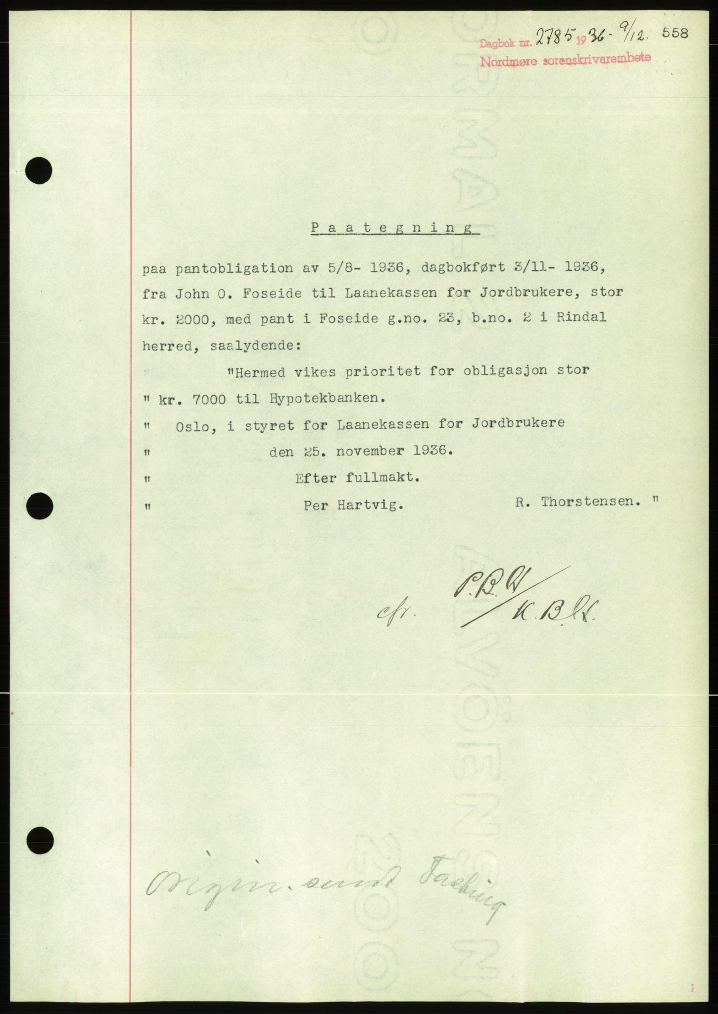 Nordmøre sorenskriveri, AV/SAT-A-4132/1/2/2Ca/L0090: Mortgage book no. B80, 1936-1937, Diary no: : 2785/1936