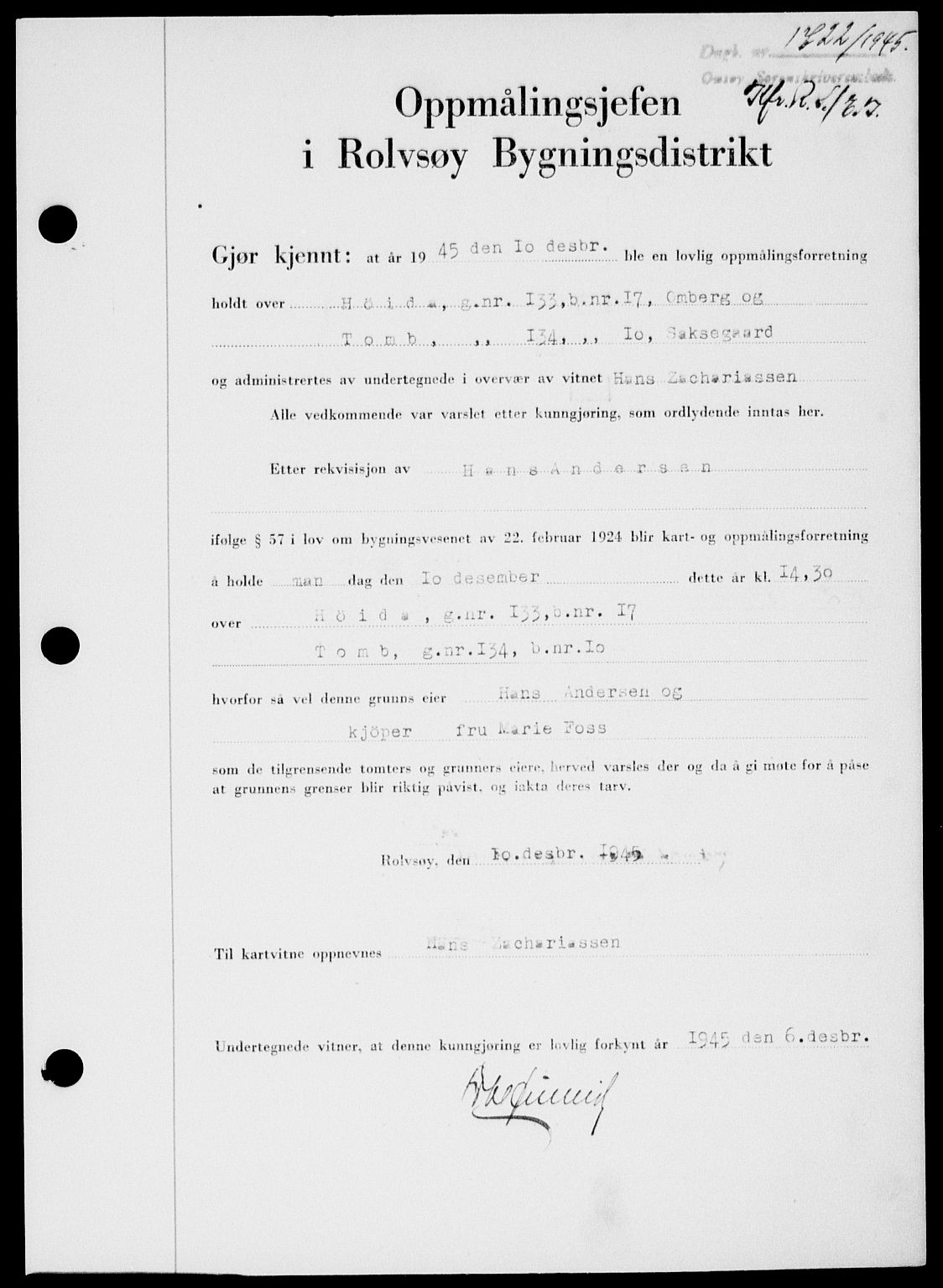 Onsøy sorenskriveri, SAO/A-10474/G/Ga/Gab/L0015: Mortgage book no. II A-15, 1945-1946, Diary no: : 1722/1945