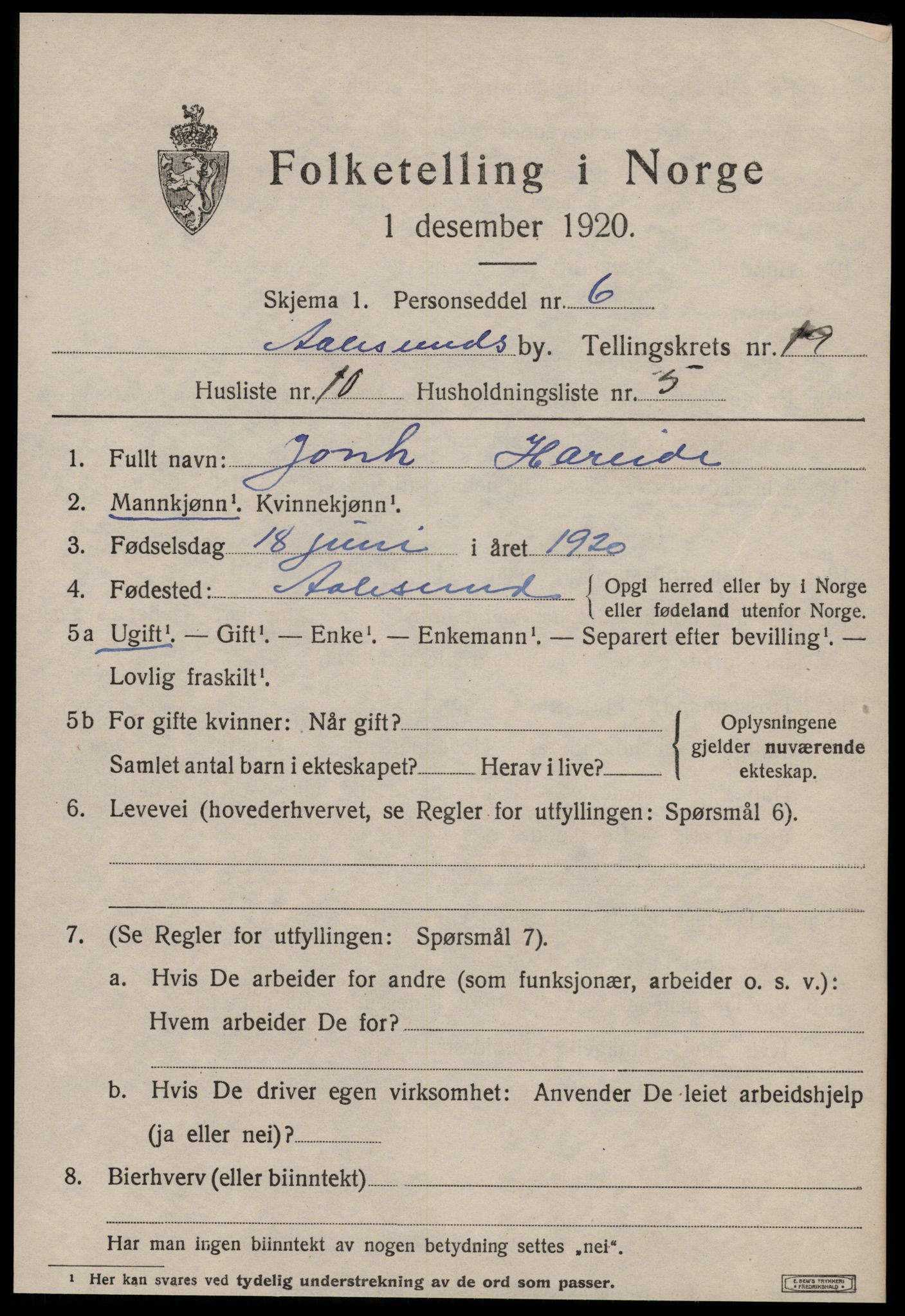 SAT, 1920 census for Ålesund, 1920, p. 36370