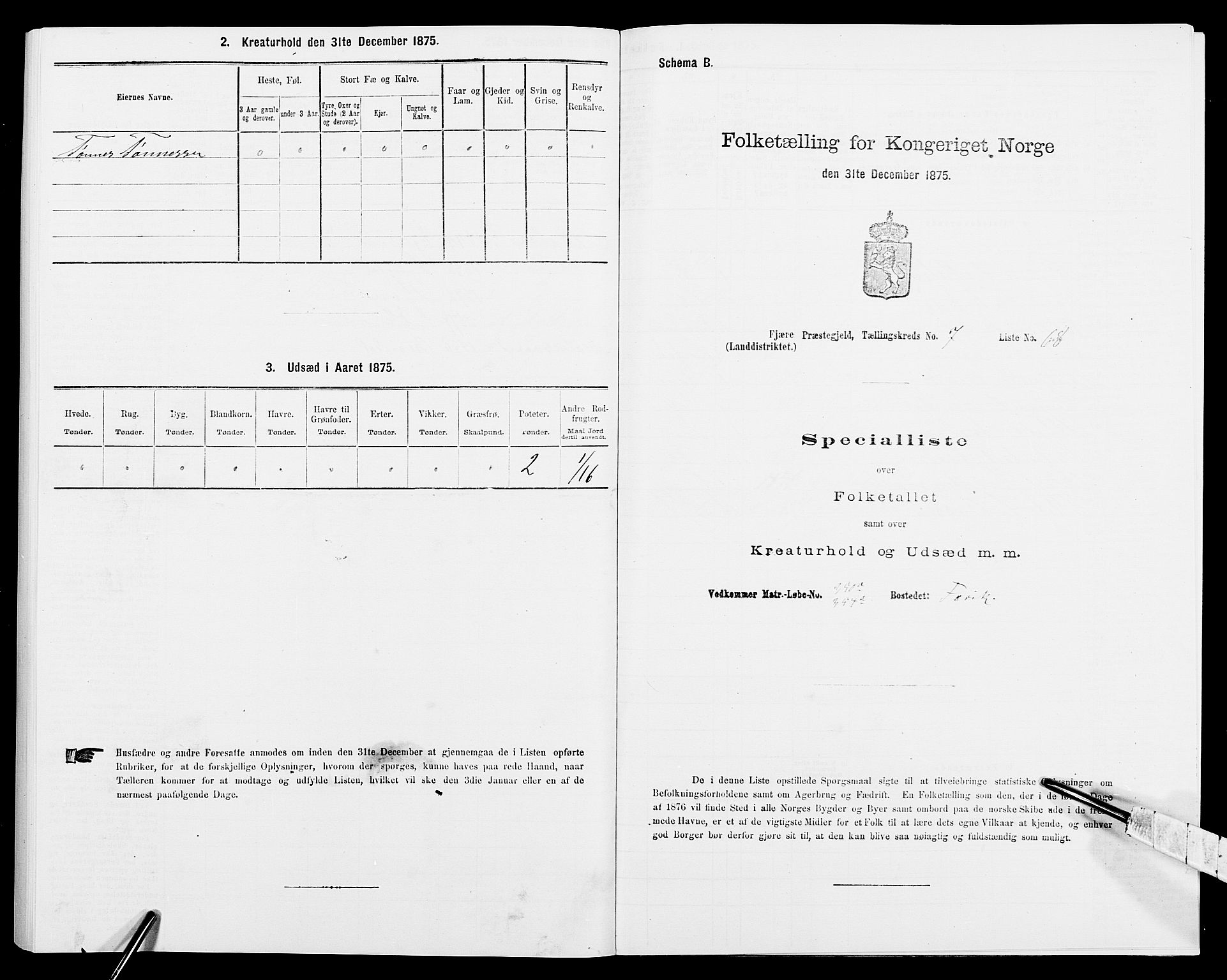 SAK, 1875 census for 0923L Fjære/Fjære, 1875, p. 1687