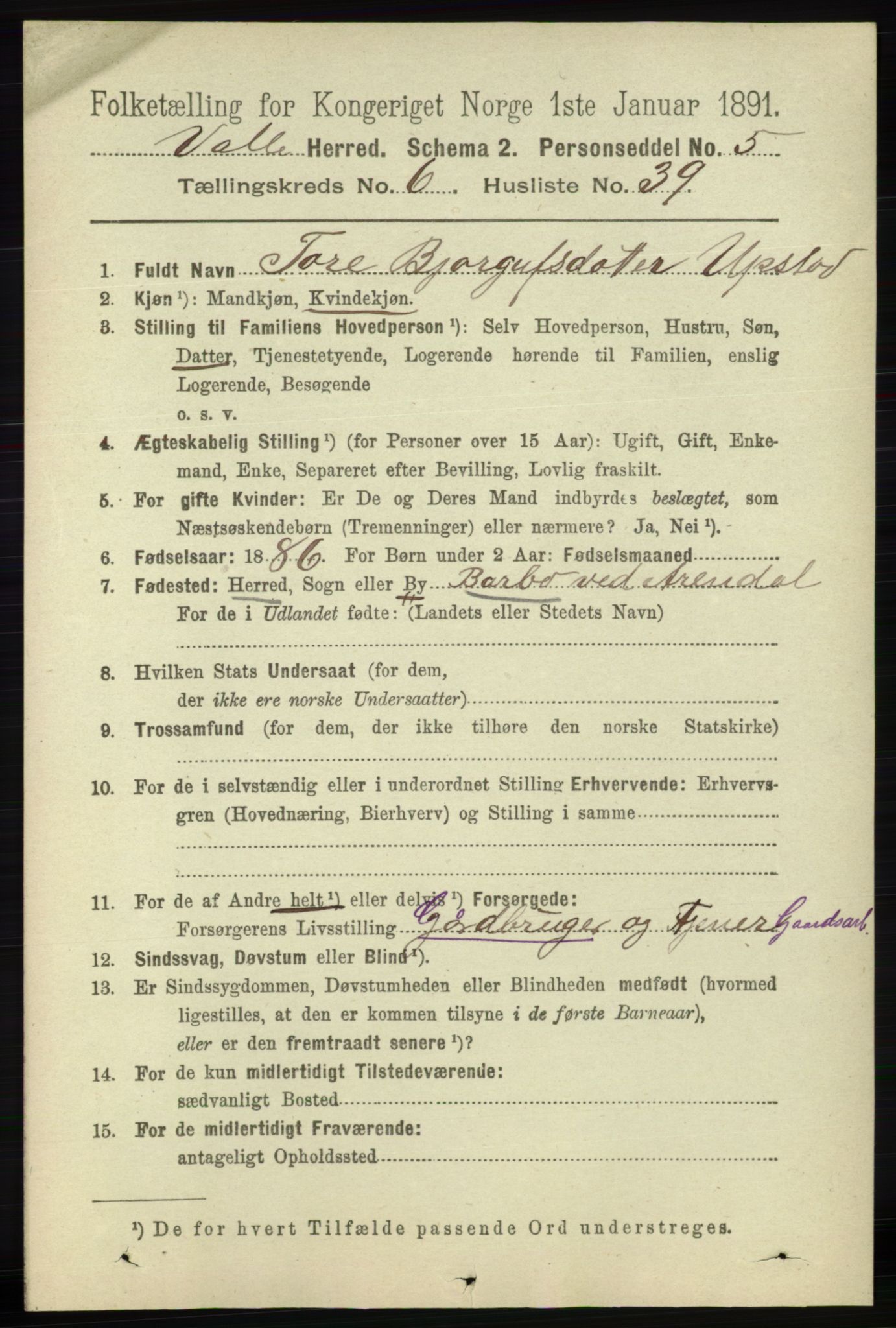 RA, 1891 census for 0940 Valle, 1891, p. 1912