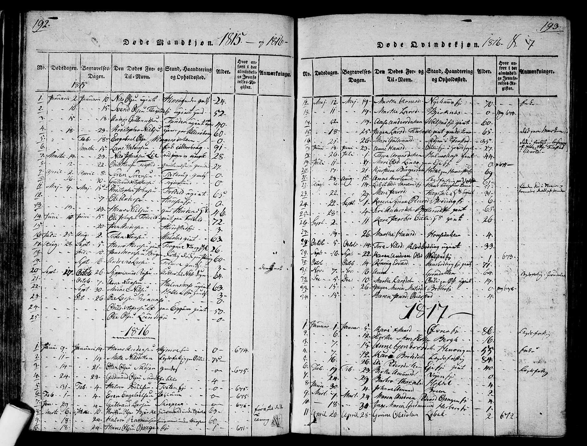Nes prestekontor Kirkebøker, SAO/A-10410/G/Ga/L0001: Parish register (copy) no. I 1, 1815-1835, p. 192-193