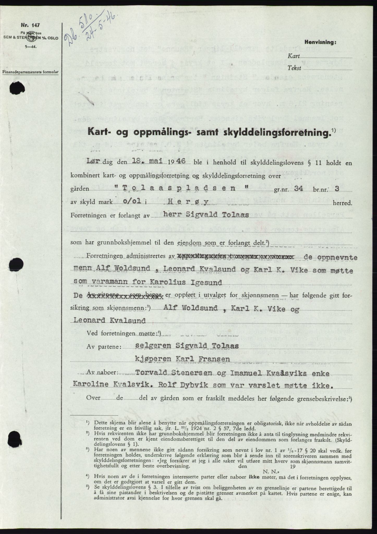 Søre Sunnmøre sorenskriveri, AV/SAT-A-4122/1/2/2C/L0078: Mortgage book no. 4A, 1946-1946, Diary no: : 510/1946