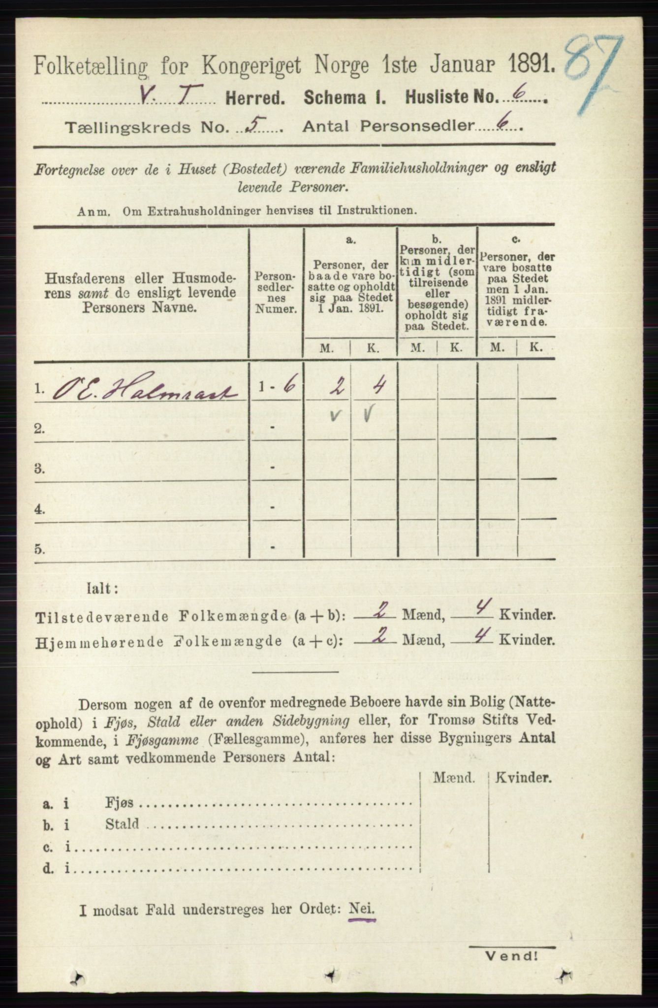 RA, 1891 census for 0529 Vestre Toten, 1891, p. 3136