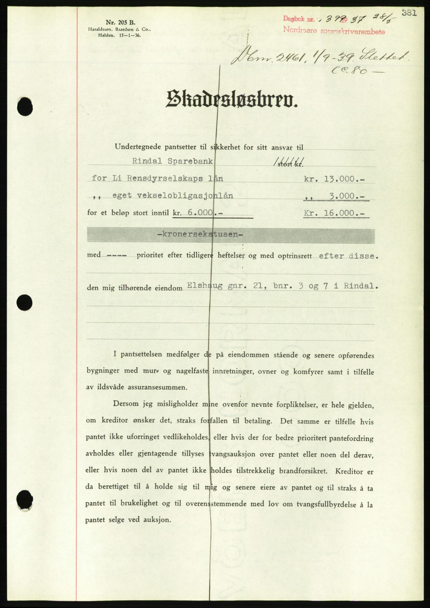 Nordmøre sorenskriveri, AV/SAT-A-4132/1/2/2Ca/L0091: Mortgage book no. B81, 1937-1937, Diary no: : 1399/1937