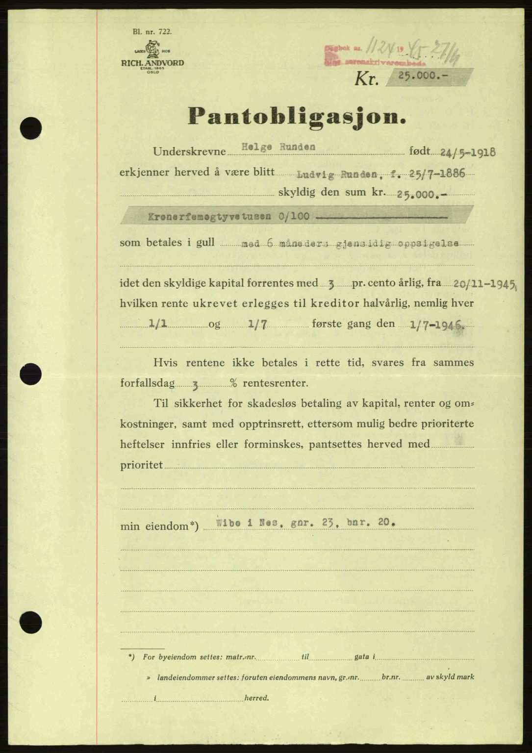 Nes tingrett, AV/SAO-A-10548/G/Gb/Gbb/L0018: Mortgage book no. 62, 1945-1945, Diary no: : 1124/1945