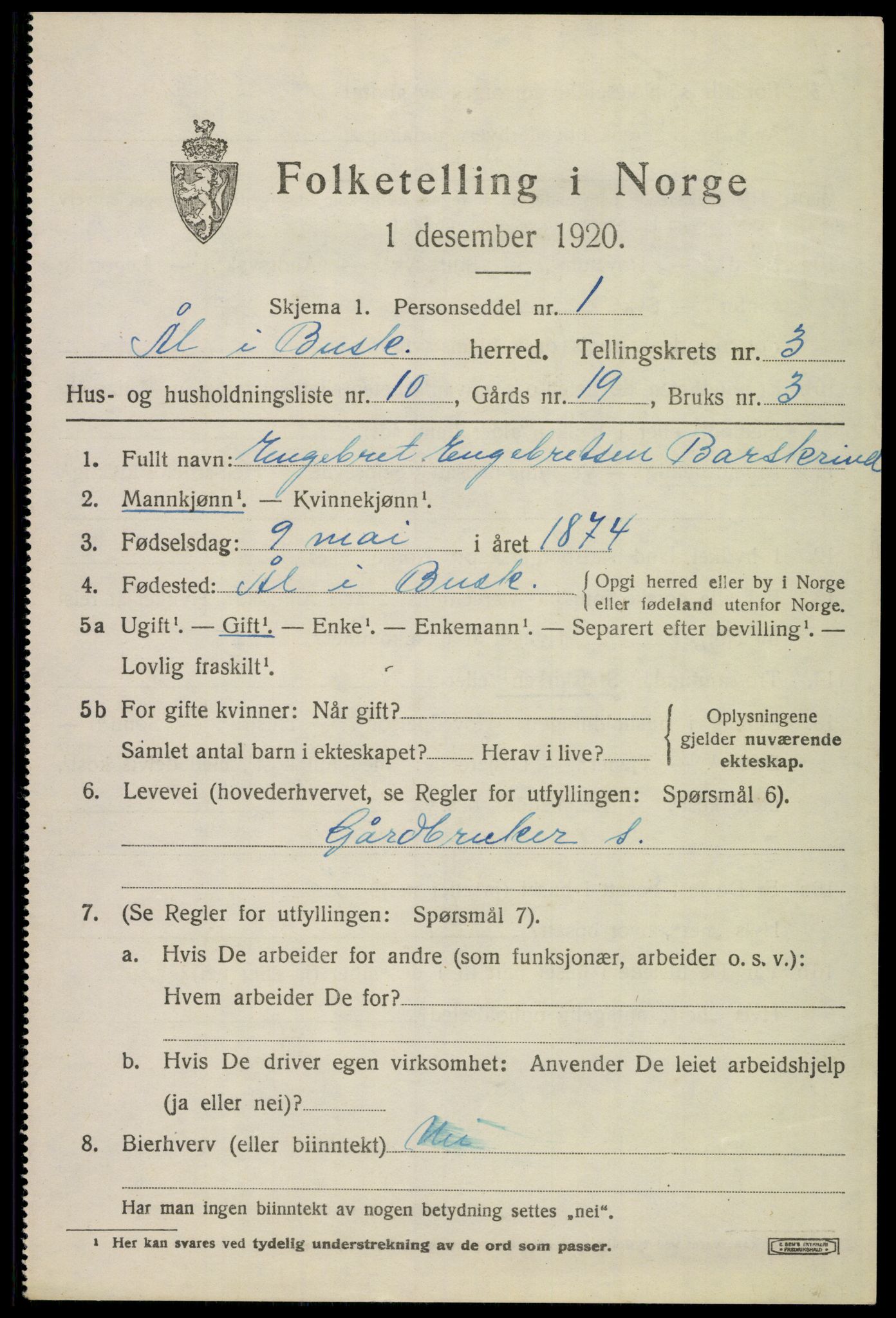 SAKO, 1920 census for Ål, 1920, p. 2500