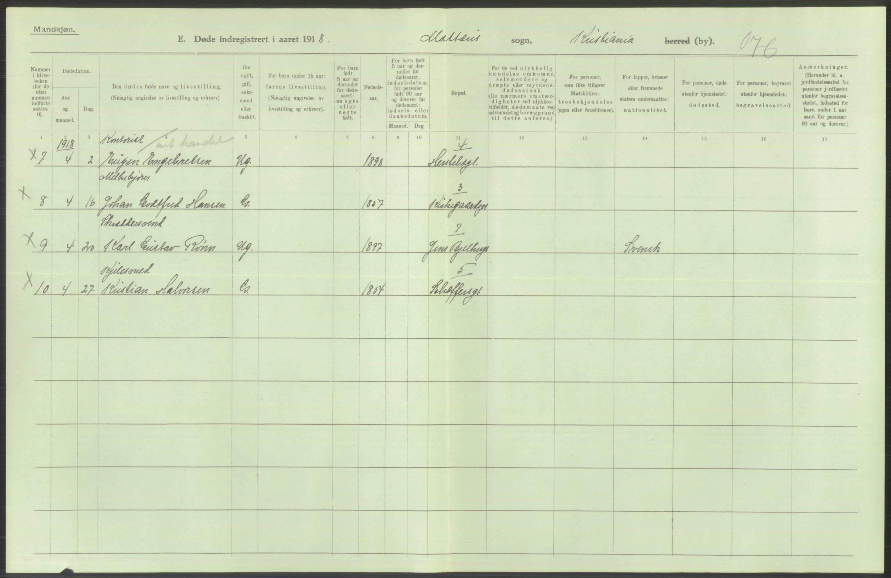 Statistisk sentralbyrå, Sosiodemografiske emner, Befolkning, AV/RA-S-2228/D/Df/Dfb/Dfbh/L0010: Kristiania: Døde, 1918, p. 688