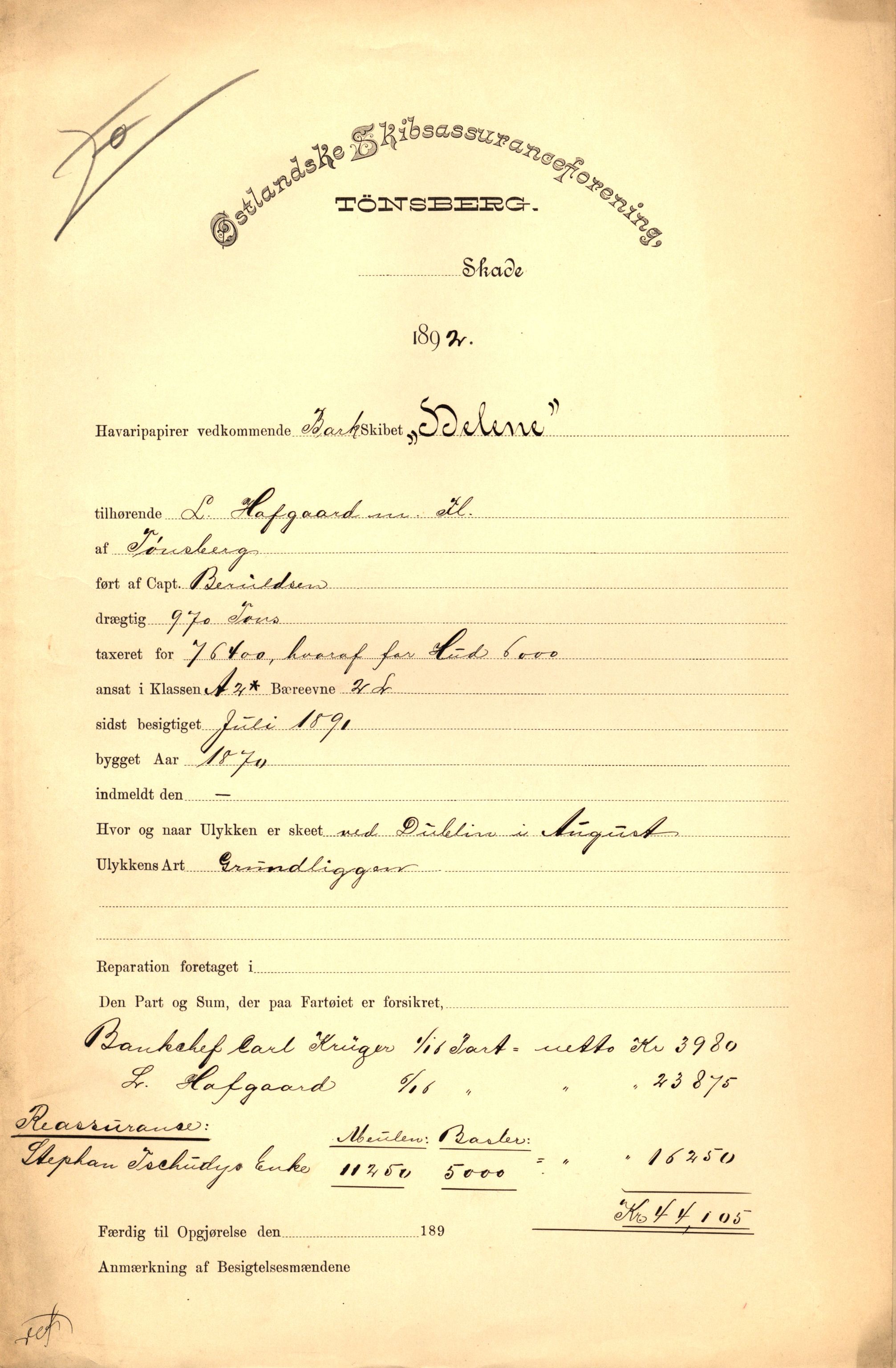 Pa 63 - Østlandske skibsassuranceforening, VEMU/A-1079/G/Ga/L0028/0004: Havaridokumenter / Hurtig, Helene, Hans Nielsen Hauge, Telefon, Zeppora, 1892, p. 4