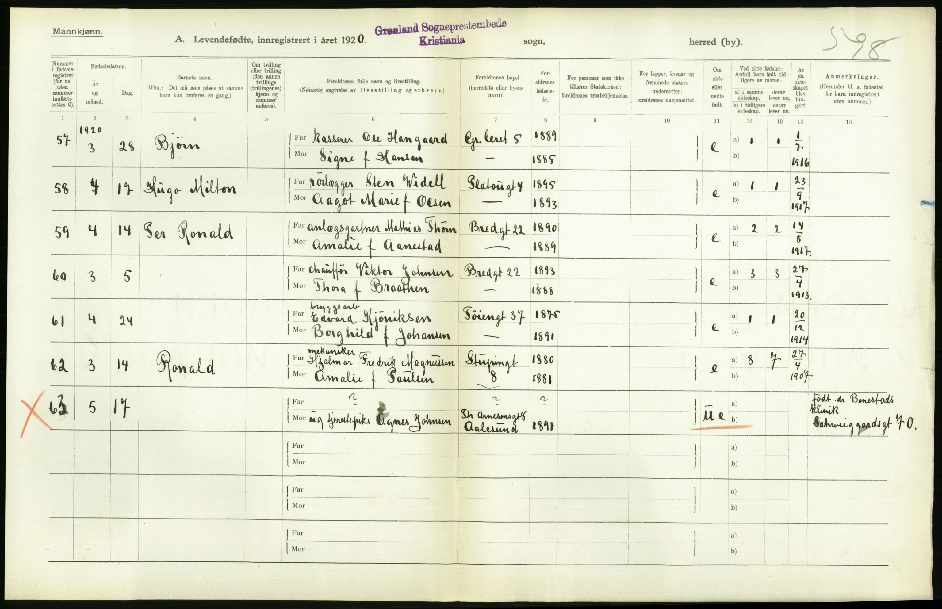 Statistisk sentralbyrå, Sosiodemografiske emner, Befolkning, AV/RA-S-2228/D/Df/Dfb/Dfbj/L0008: Kristiania: Levendefødte menn og kvinner., 1920, p. 126