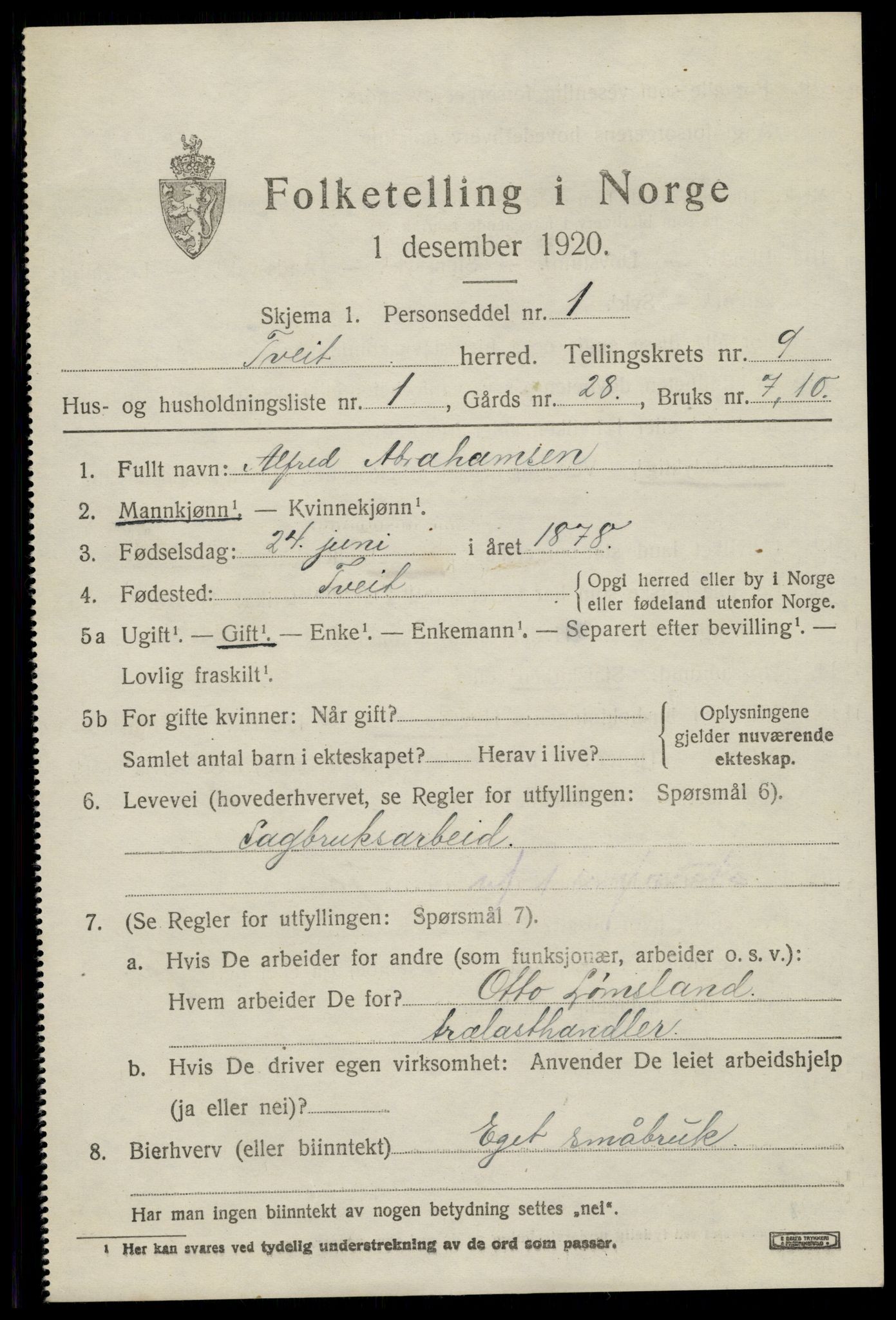 SAK, 1920 census for Tveit, 1920, p. 3868