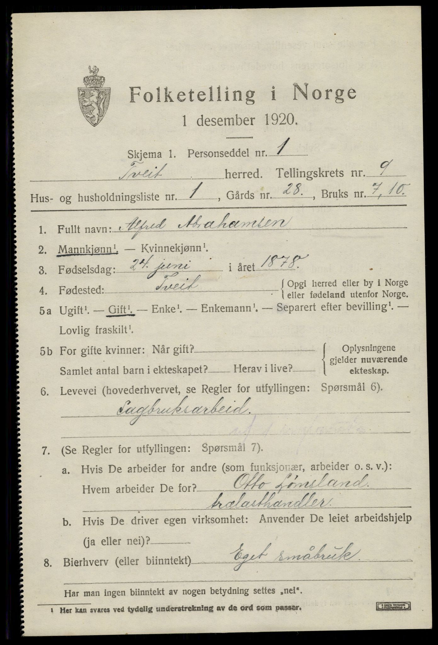 SAK, 1920 census for Tveit, 1920, p. 3868