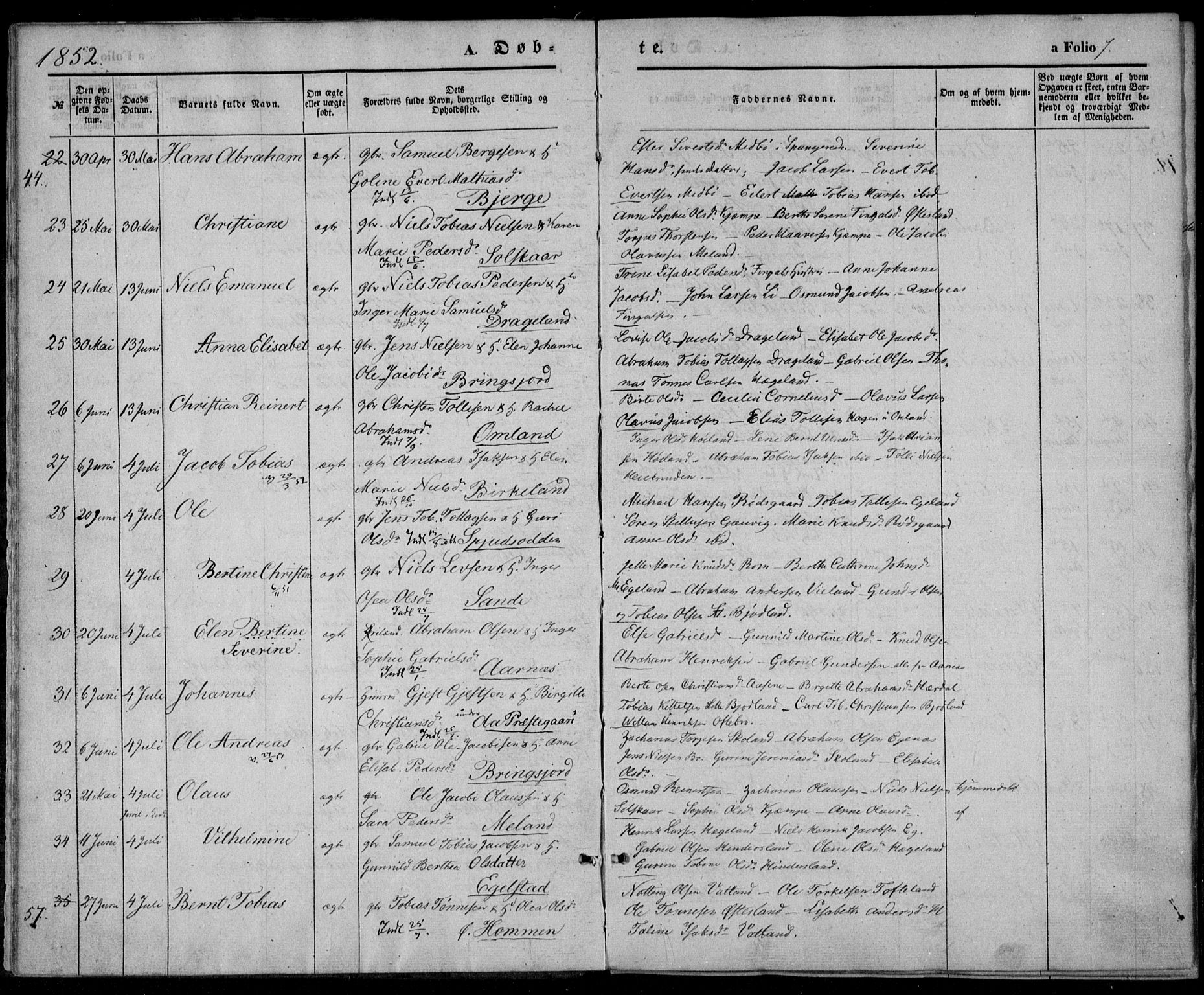 Lyngdal sokneprestkontor, AV/SAK-1111-0029/F/Fa/Fac/L0009: Parish register (official) no. A 9, 1852-1864, p. 7