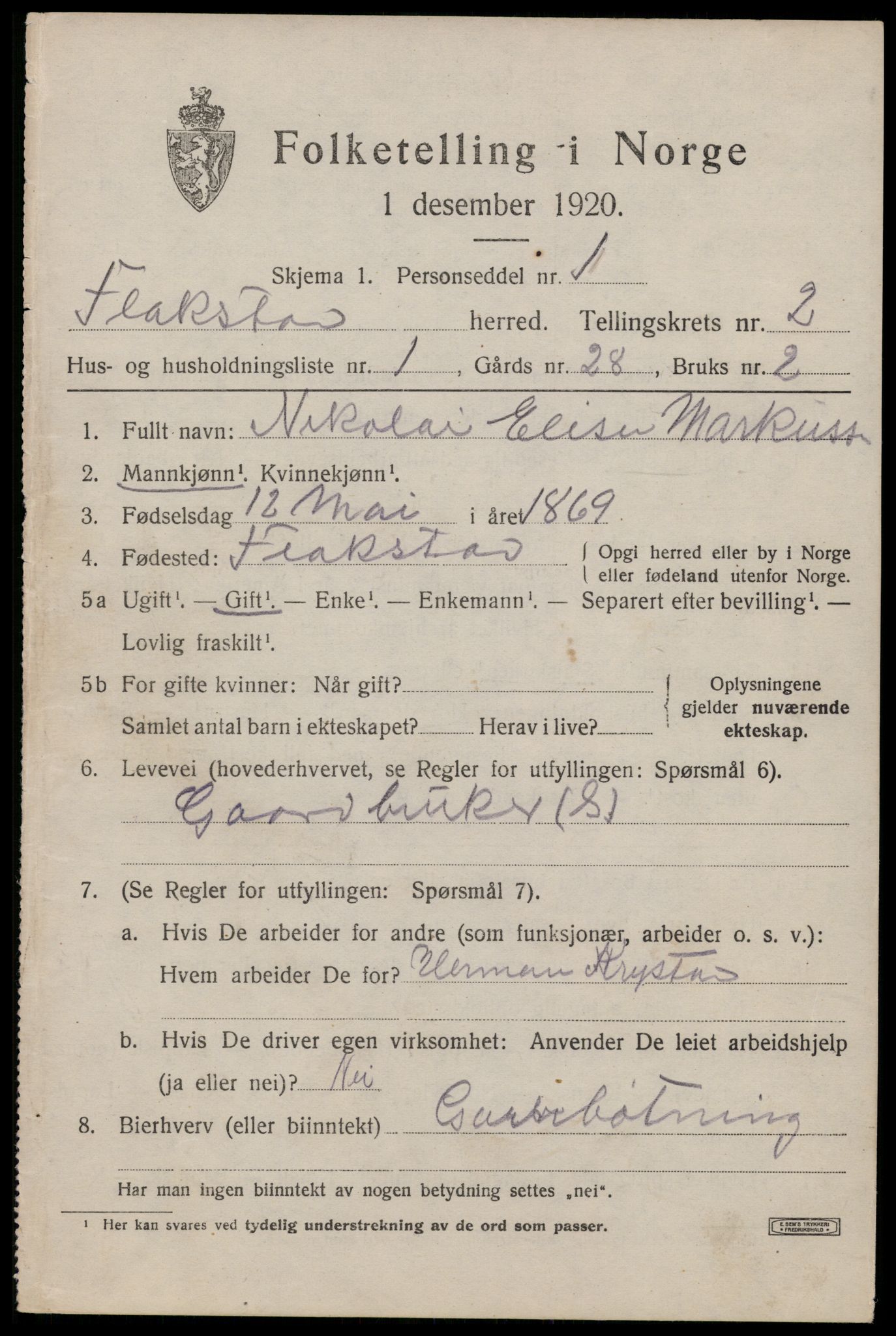 SAT, 1920 census for Flakstad, 1920, p. 1217