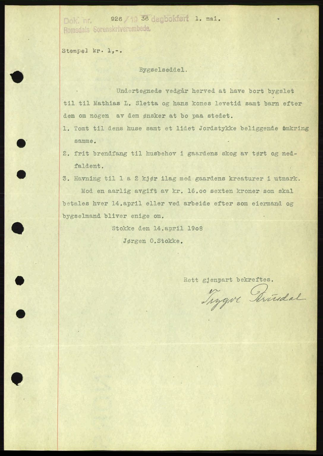 Romsdal sorenskriveri, AV/SAT-A-4149/1/2/2C: Mortgage book no. A1, 1936-1936, Diary no: : 926/1936