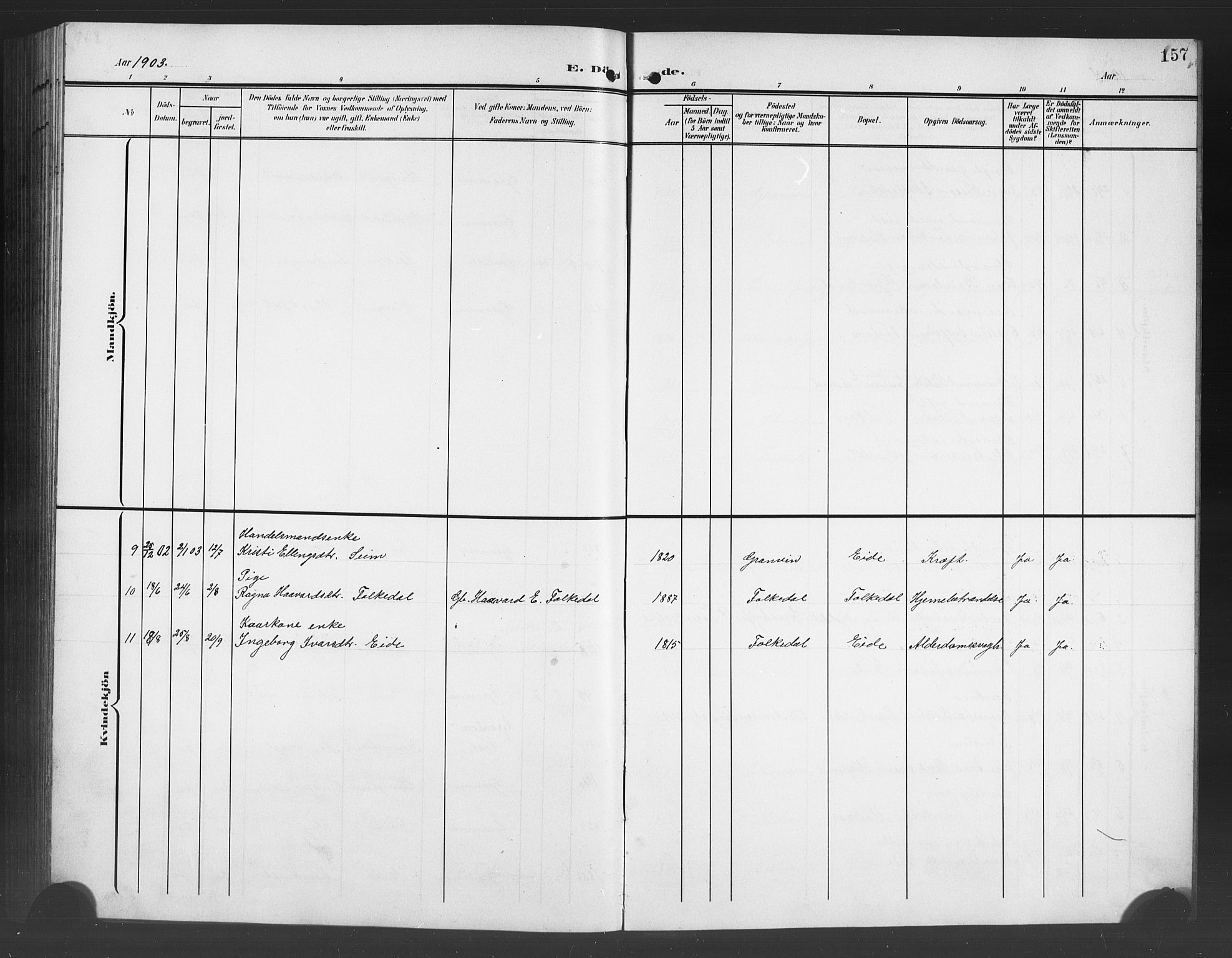 Ulvik sokneprestembete, SAB/A-78801/H/Hab: Parish register (copy) no. B 4, 1902-1923, p. 157