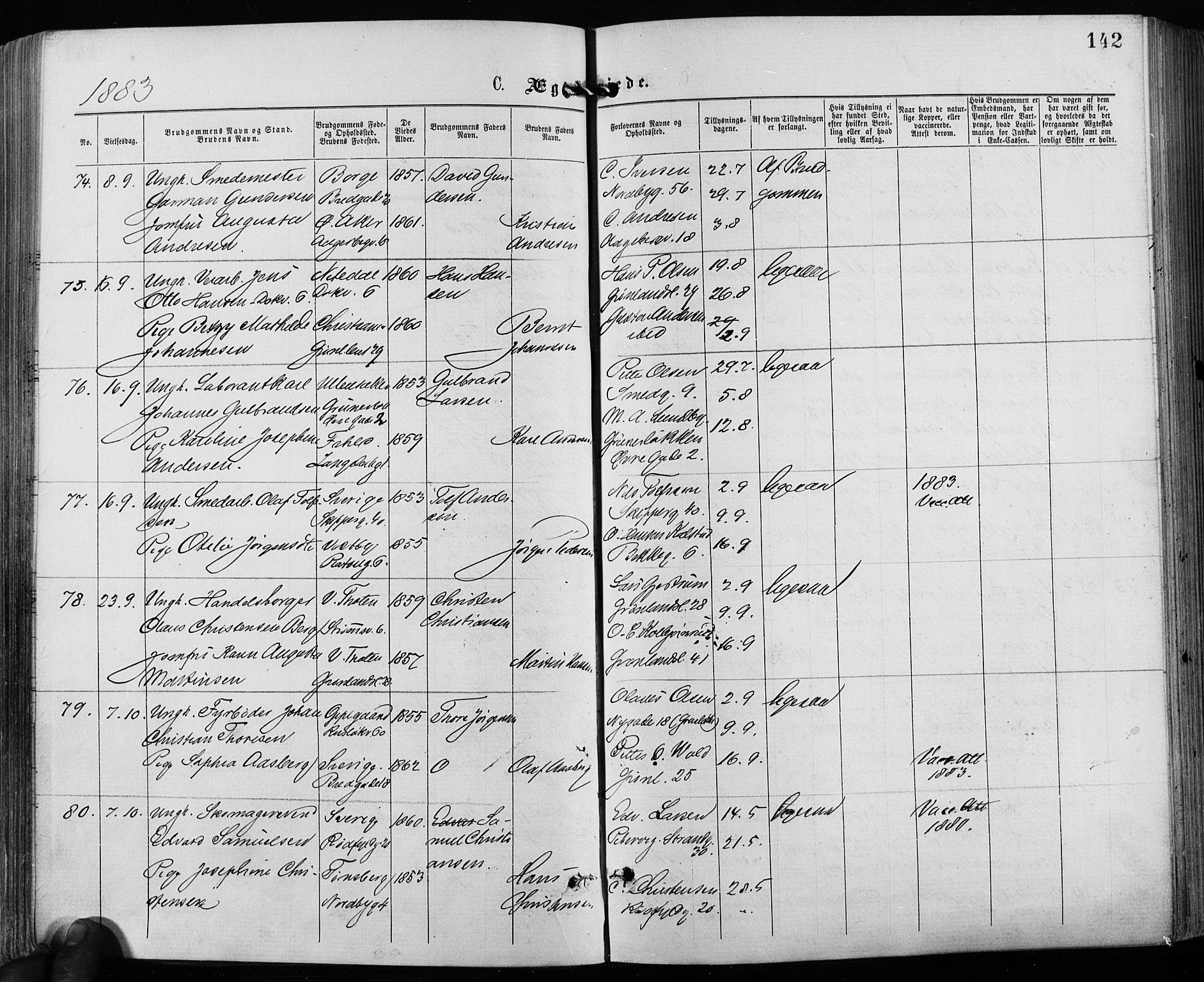 Grønland prestekontor Kirkebøker, SAO/A-10848/F/Fa/L0006: Parish register (official) no. 6, 1877-1886, p. 142