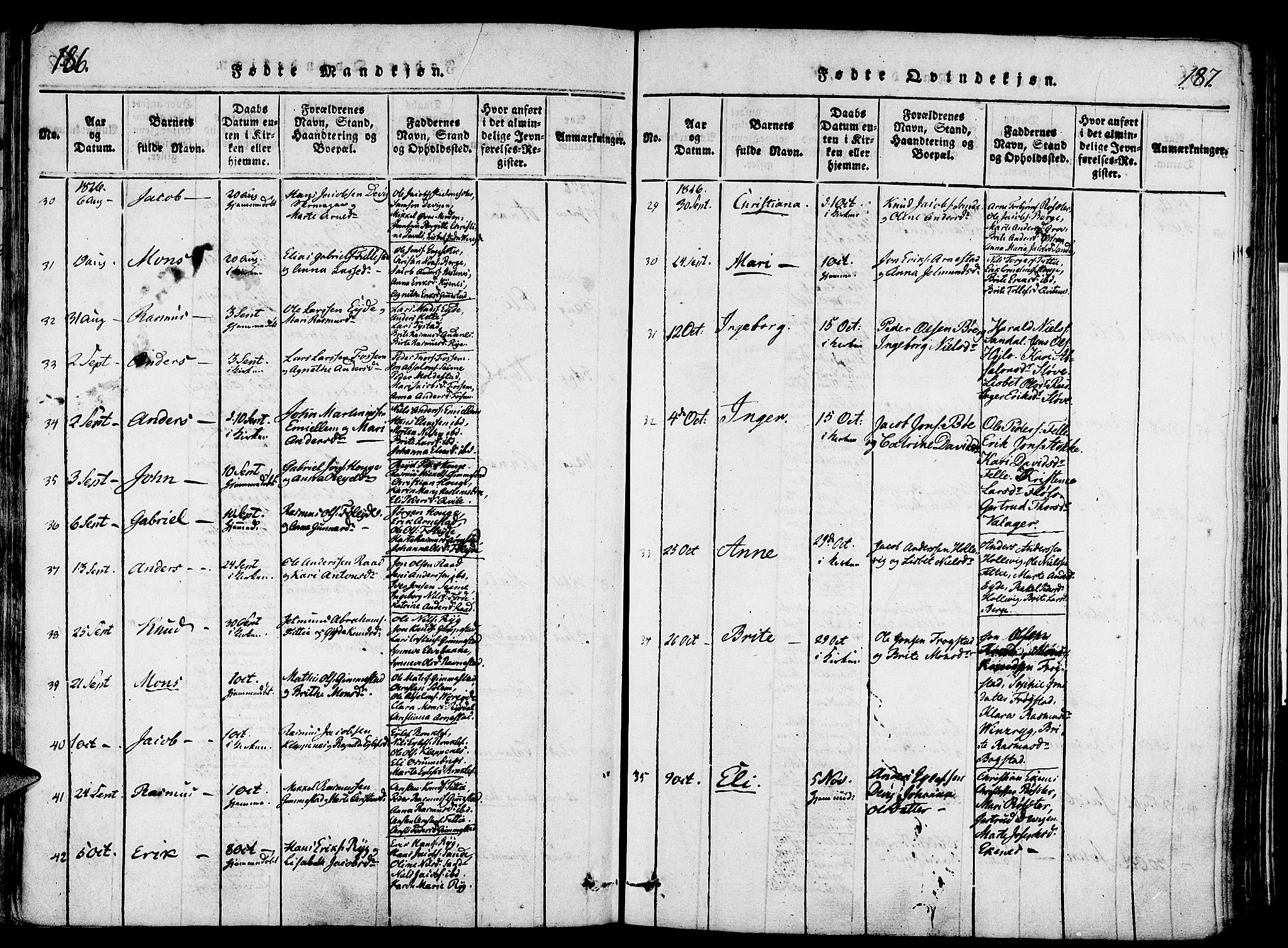 Gloppen sokneprestembete, AV/SAB-A-80101/H/Haa/Haaa/L0006: Parish register (official) no. A 6, 1816-1826, p. 186-187