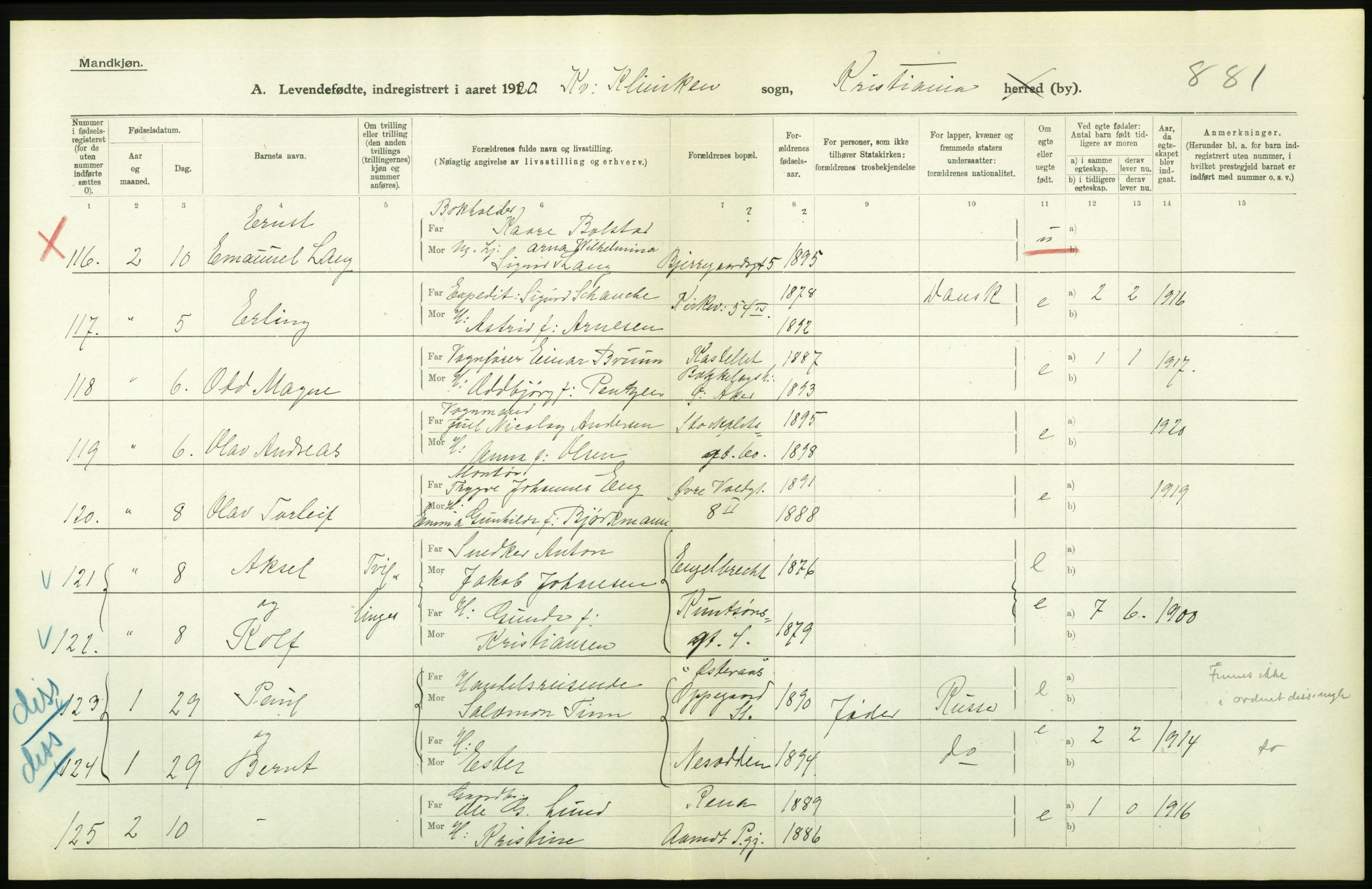 Statistisk sentralbyrå, Sosiodemografiske emner, Befolkning, AV/RA-S-2228/D/Df/Dfb/Dfbj/L0008: Kristiania: Levendefødte menn og kvinner., 1920, p. 346
