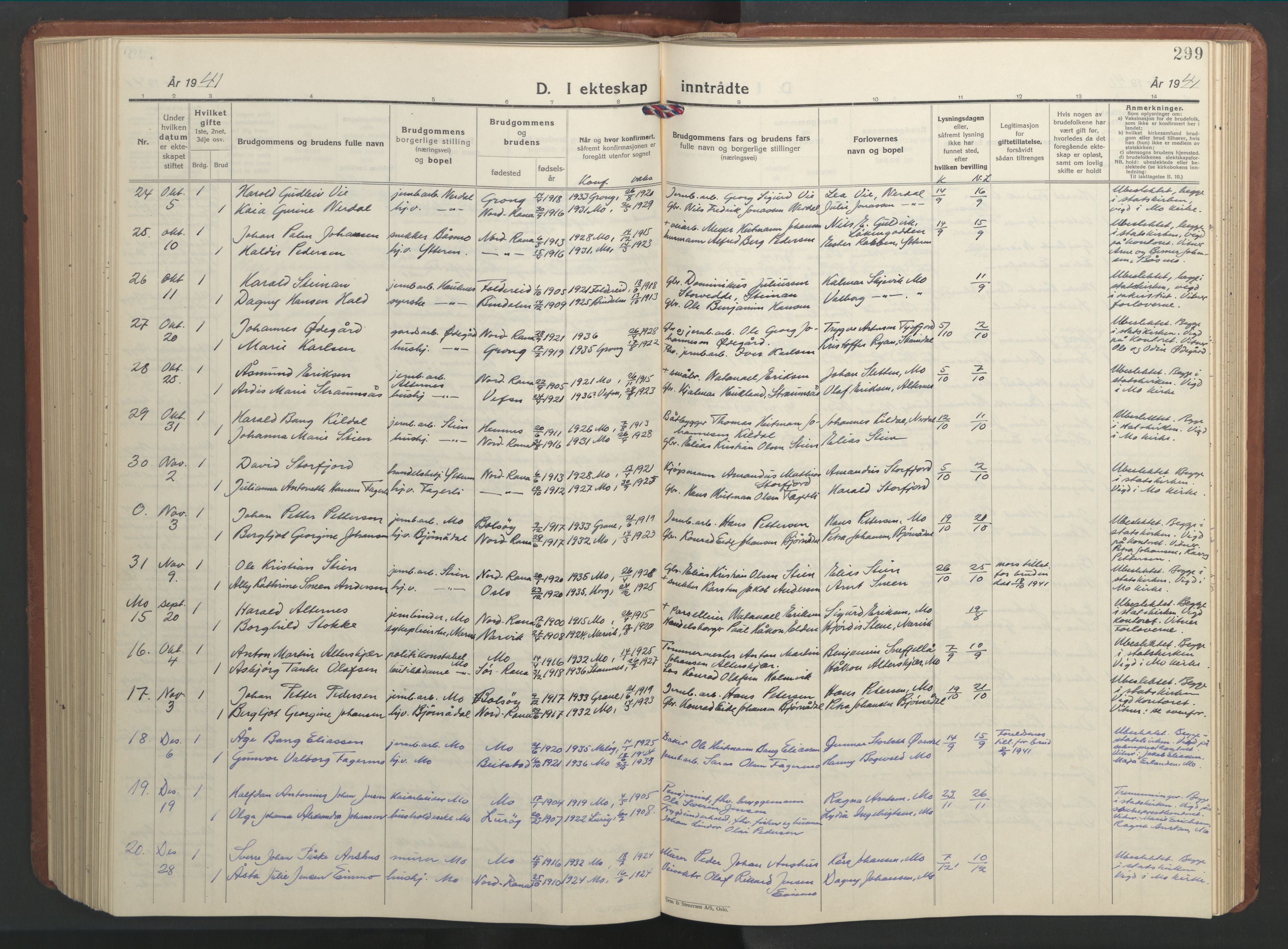 Ministerialprotokoller, klokkerbøker og fødselsregistre - Nordland, AV/SAT-A-1459/827/L0425: Parish register (copy) no. 827C14, 1931-1946, p. 299