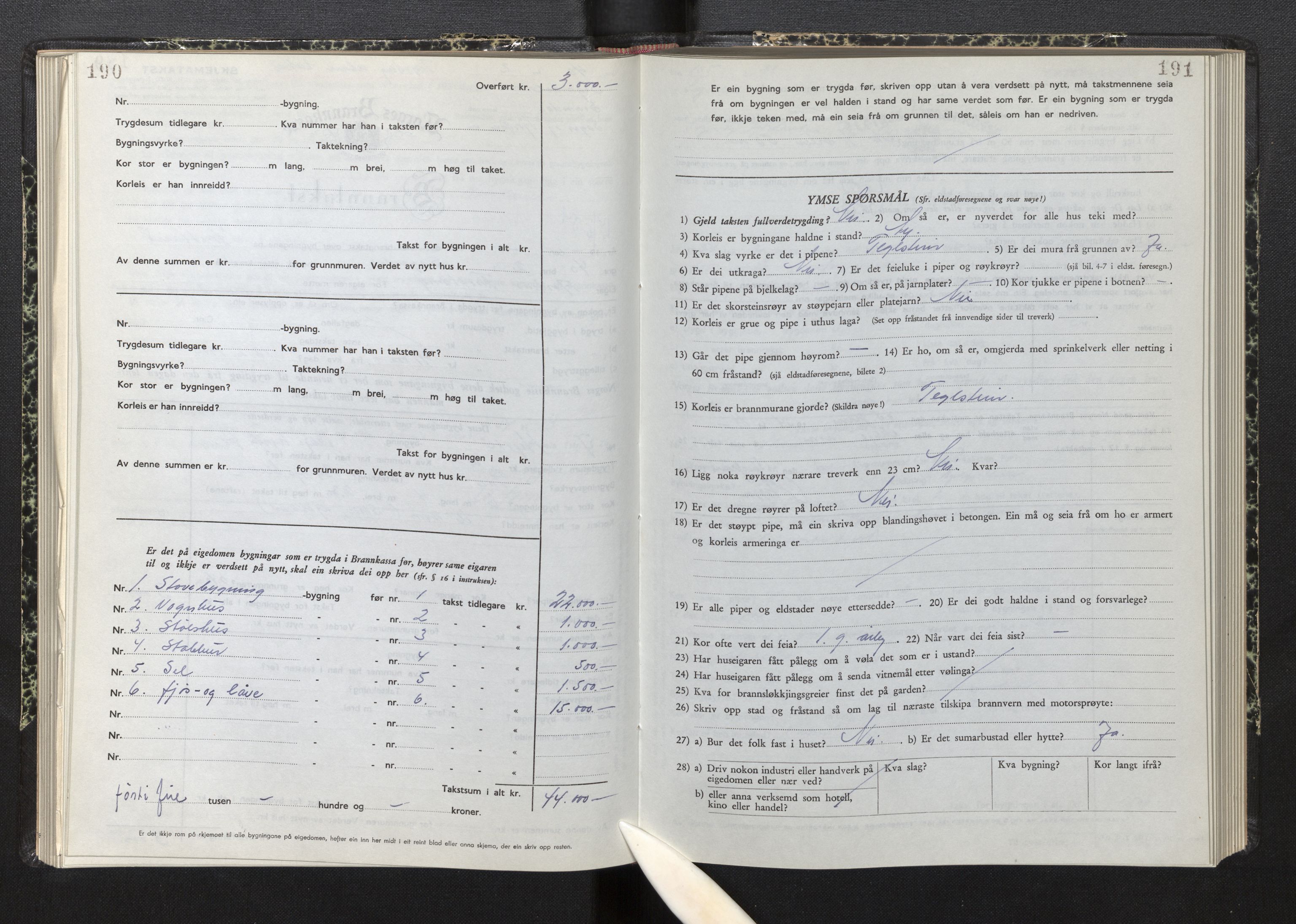 Lensmannen i Sogndal, AV/SAB-A-29901/0012/L0015: Branntakstprotokoll, skjematakst, 1950-1955, p. 190-191