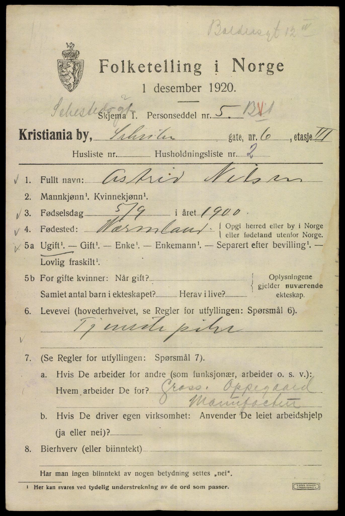 SAO, 1920 census for Kristiania, 1920, p. 505581