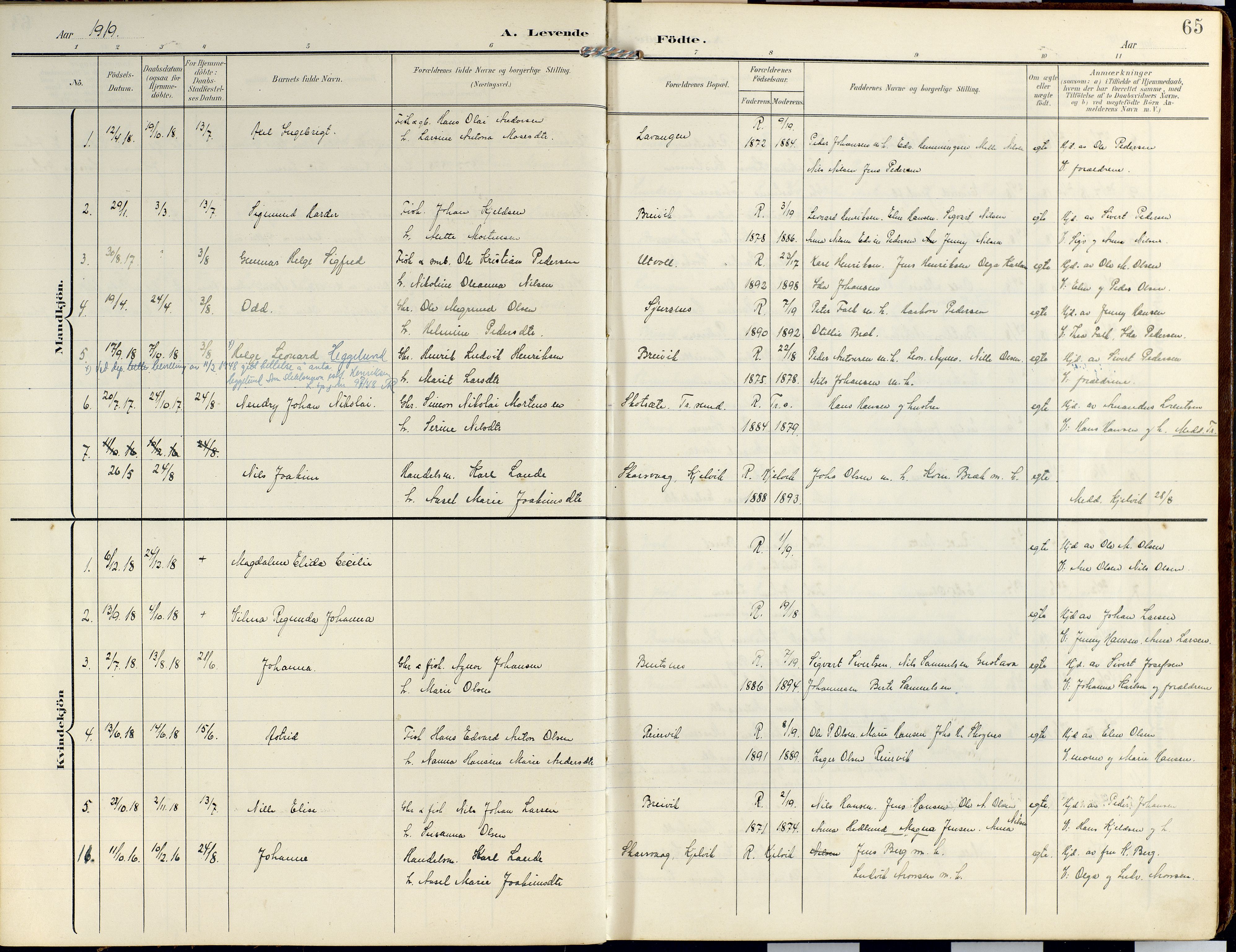Lyngen sokneprestembete, SATØ/S-1289/H/He/Hea/L0014kirke: Parish register (official) no. 14, 1905-1920, p. 65