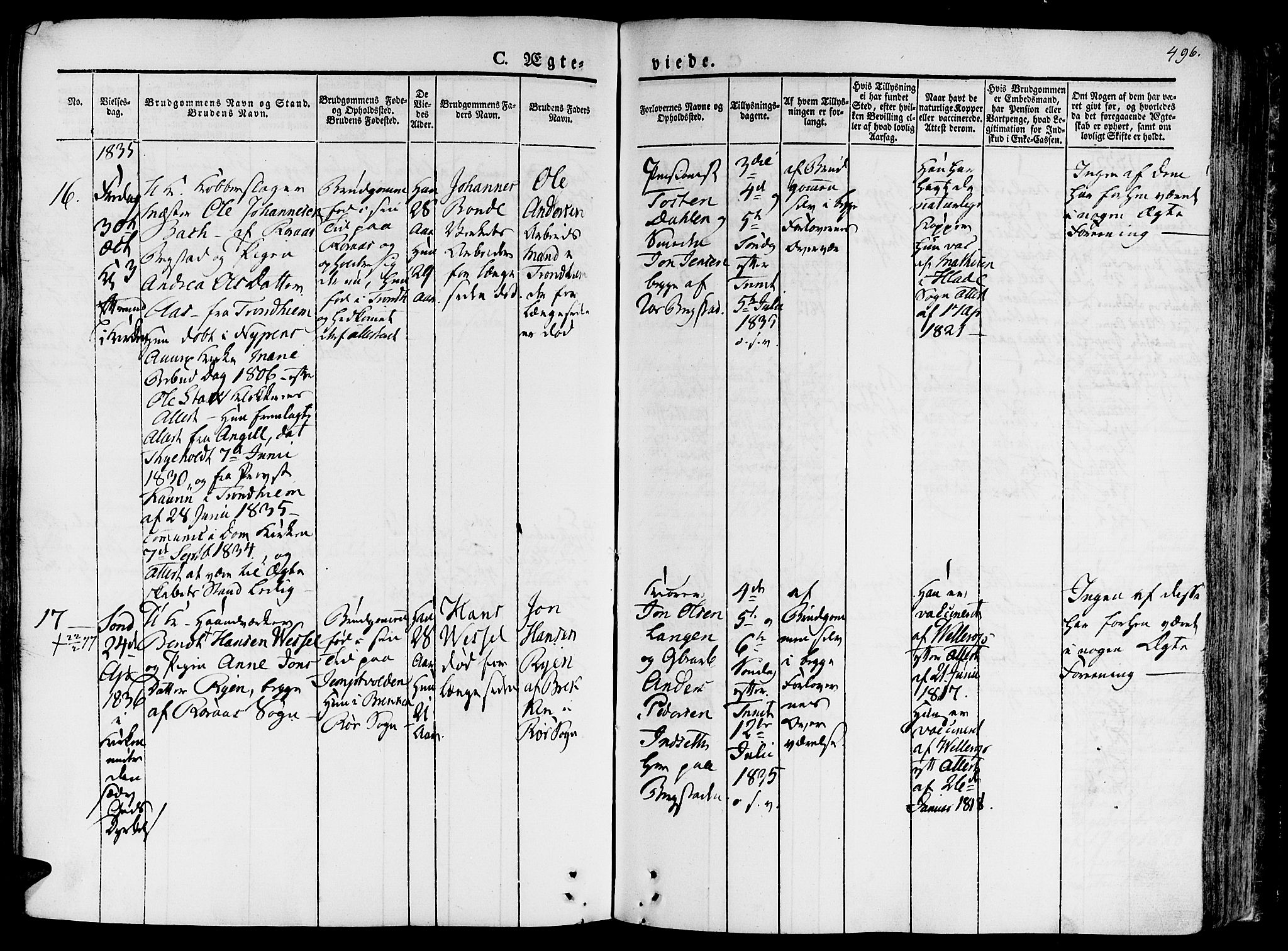 Ministerialprotokoller, klokkerbøker og fødselsregistre - Sør-Trøndelag, AV/SAT-A-1456/681/L0930: Parish register (official) no. 681A08, 1829-1844, p. 496