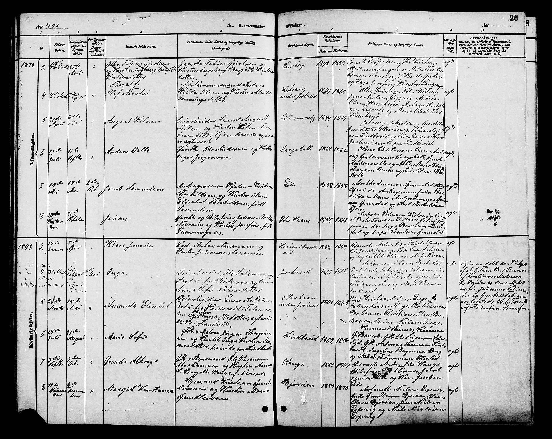 Hommedal sokneprestkontor, AV/SAK-1111-0023/F/Fb/Fba/L0004: Parish register (copy) no. B 4, 1885-1908, p. 26