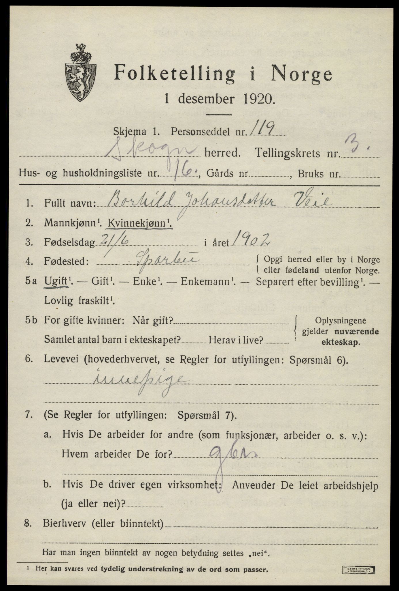 SAT, 1920 census for Skogn, 1920, p. 4831