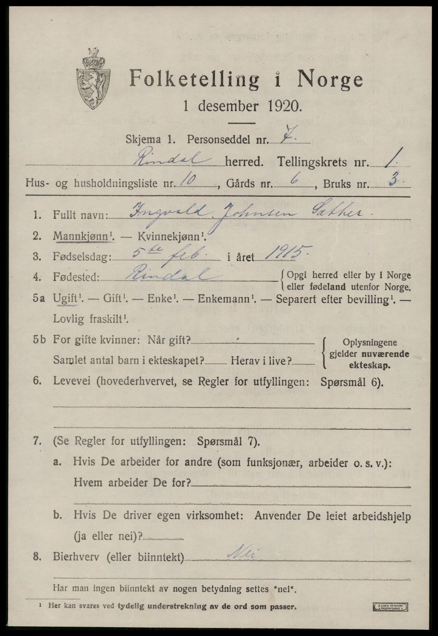 SAT, 1920 census for Rindal, 1920, p. 964