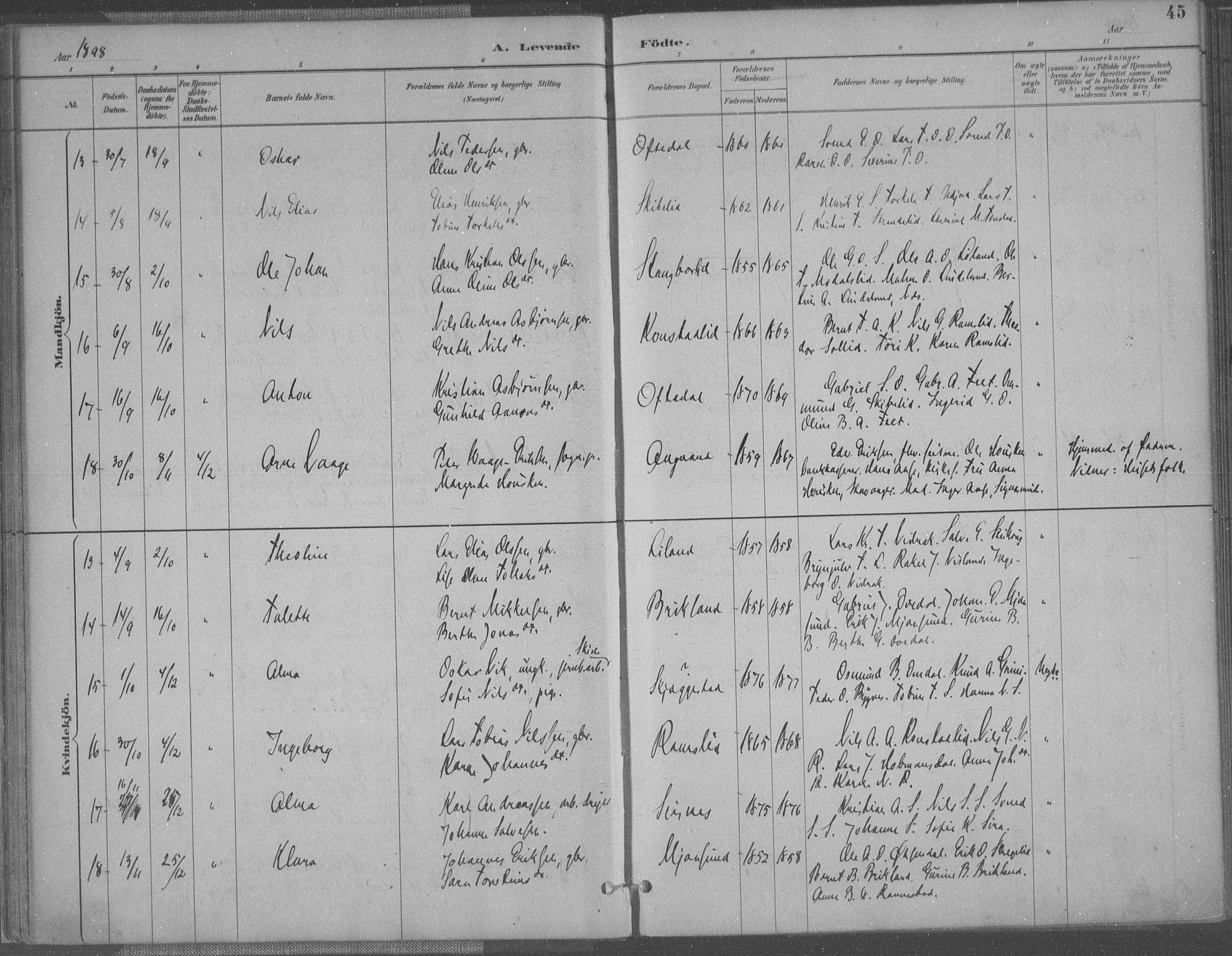 Bakke sokneprestkontor, AV/SAK-1111-0002/F/Fa/Faa/L0008: Parish register (official) no. A 8, 1887-1911, p. 45