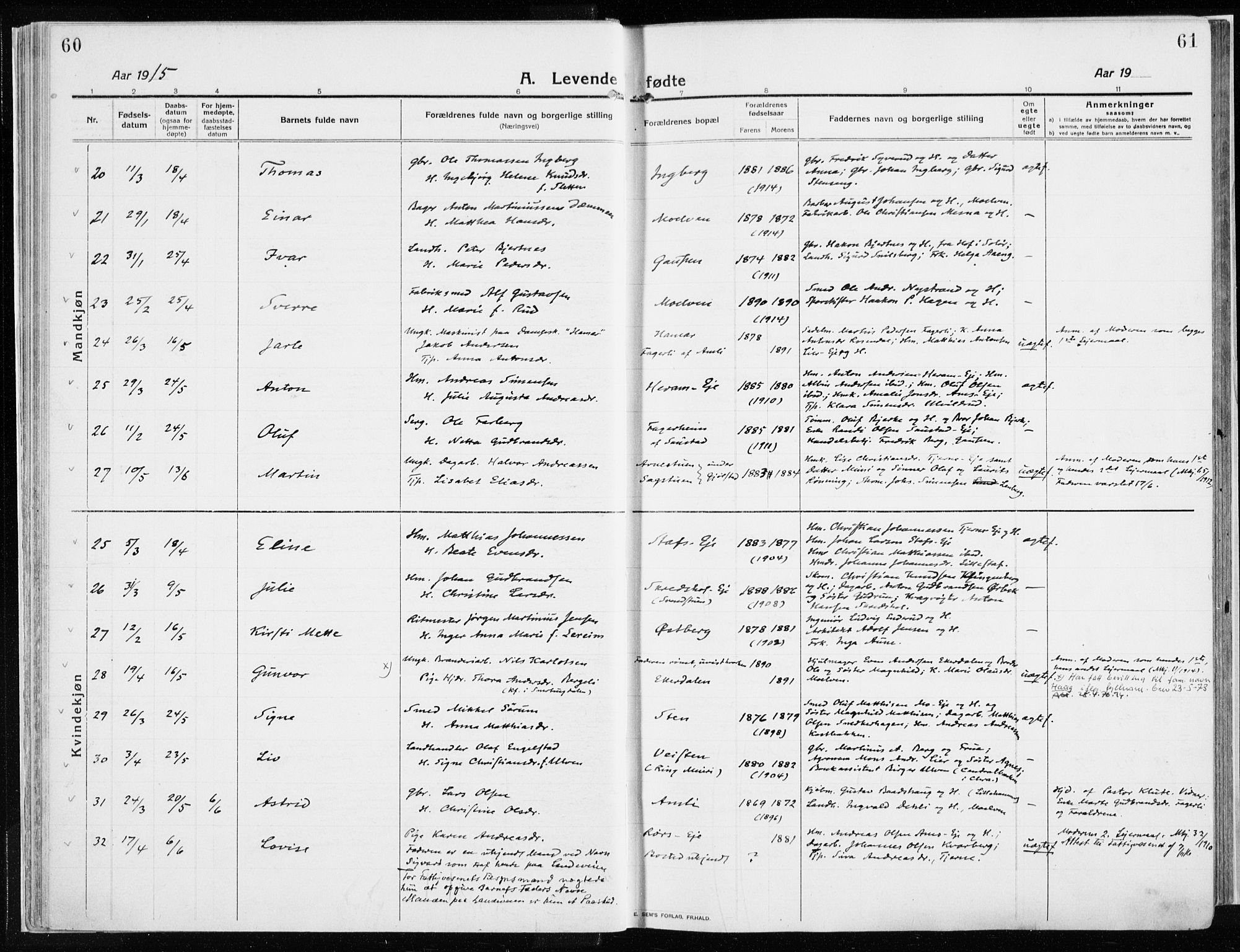 Ringsaker prestekontor, AV/SAH-PREST-014/K/Ka/L0020: Parish register (official) no. 20, 1913-1922, p. 60-61