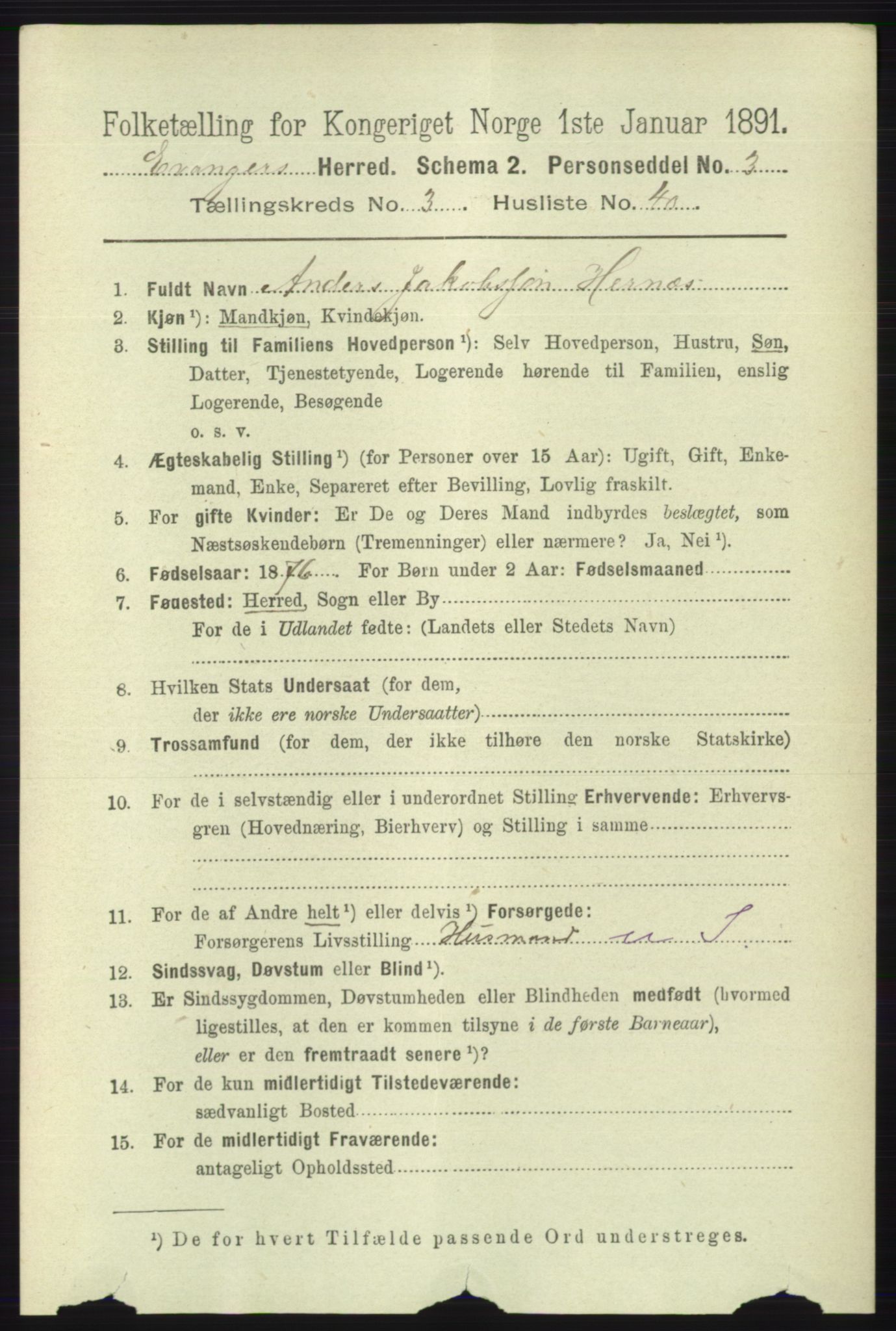 RA, 1891 census for 1237 Evanger, 1891, p. 1095